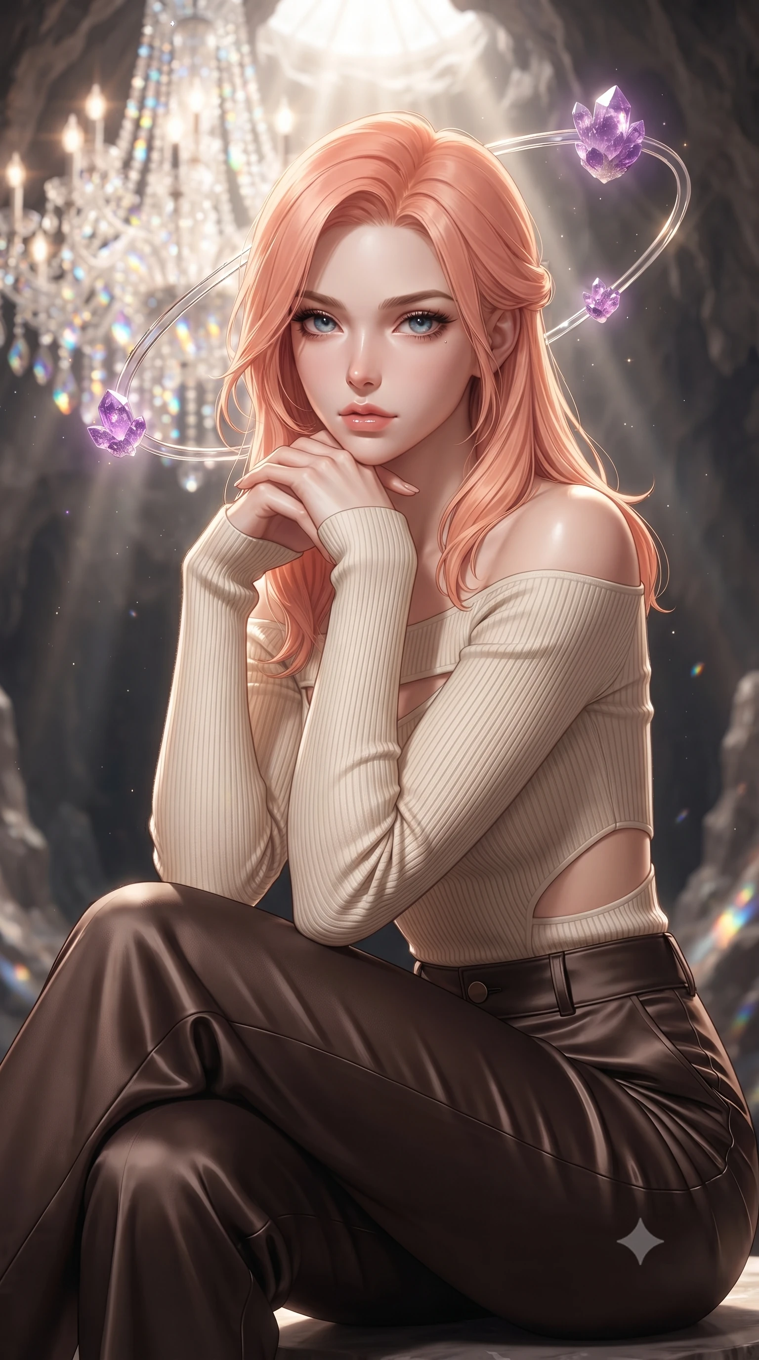 score_9, masterpiece, best quality, ultra-detailed, high-budget anime keyframe, editorial fashion photography, tasteful artistic composition, Japanese woman. close-up cowboy shot from the waist and thighs up, the character dominates the composition, filling the frame with her large presence, background elements kept in soft focus. Resting her chin on the backs of her fingers, casting a sharp, mysterious gaze poised beneath a giant crystal chandelier refracting subterranean sunlight, floating amethyst clusters drifting in smooth circular orbits. She has an exceptionally elegant, slender, and willowy female figure with an ultra-slim waist, a gracefully sculpted slender torso, and a refined silhouette. sharp v-shaped jawline, high-bridge nose, intricate jewel-like eyes with depth, thick eyelashes, glossy lips with a natural sheen. wearing a sleek off-shoulder ribbed knit top paired with high-waist tailored pants in espresso brown and warm cream, crafted from lustrous satin jersey with fluid draping, featuring clean architectural cutouts along her slender torso, the elegant draped fit framing her graceful clavicle and slender torso. bathed in brilliant prismatic light filtering from a natural cavern skylight. ultra-reflective glossy finish, specular highlights, metallic sheen, high-contrast stereoscopic depth, volumetric dynamic lighting, 2k, ultra detail, master piece, 9:16 ratio
