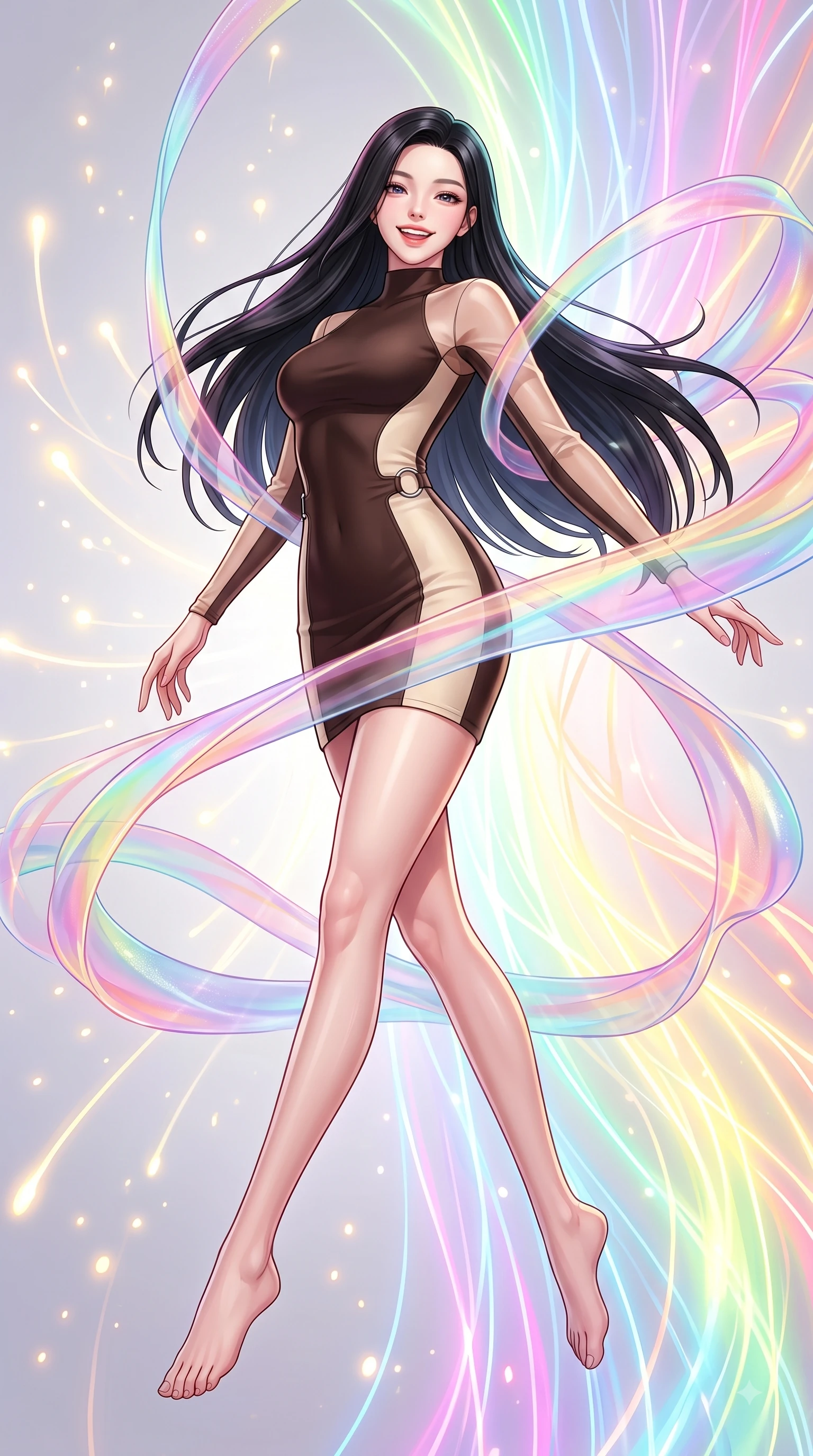 score_9, masterpiece, best quality, ultra-detailed, high-budget anime keyframe, editorial fashion photography, tasteful artistic composition, Korean woman. low angle full-body shot from head to toe showing her feet, filling the entire 9:16 vertical frame with her statuesque presence, stretching her vertical silhouette. performing a cheerful mid-air rotation with flawless poise, her radiant smile capturing pure happy energy while spinning in mid-air as translucent rainbow silk ribbons swirl around her with joyful grace, glowing fiber optic motes drifting like fireflies in the cheerful background. She has an absolutely perfect, statuesque 8.5-heads proportion, an exceptionally tall and slender model-like female figure with impossibly long slender legs and an ultra-slim waist. sharp v-shaped jawline, high-bridge nose, intricate jewel-like eyes with depth, thick eyelashes, glossy lips with a natural sheen, flawlessly proportioned anatomical accuracy, natural body alignment, perfectly sculpted elegant limbs, clean dynamic posture without body distortion. wearing a sleek bodycon knit dress with strategic sheer organza sleeve panels in espresso brown and warm cream, formed from sleek second-skin neoprene, accented with delicate chrome ring hardware framing her waist, the sleek second-skin texture accentuating her magnetic presence. illuminated by the brilliant glow of rainbow luminescent plasma threads. highly saturated vibrant anime colors, detailed shading with soft gradients, rich glossy textures, high-contrast stereoscopic depth, volumetric dynamic lighting, master piece, 9:16 ratio