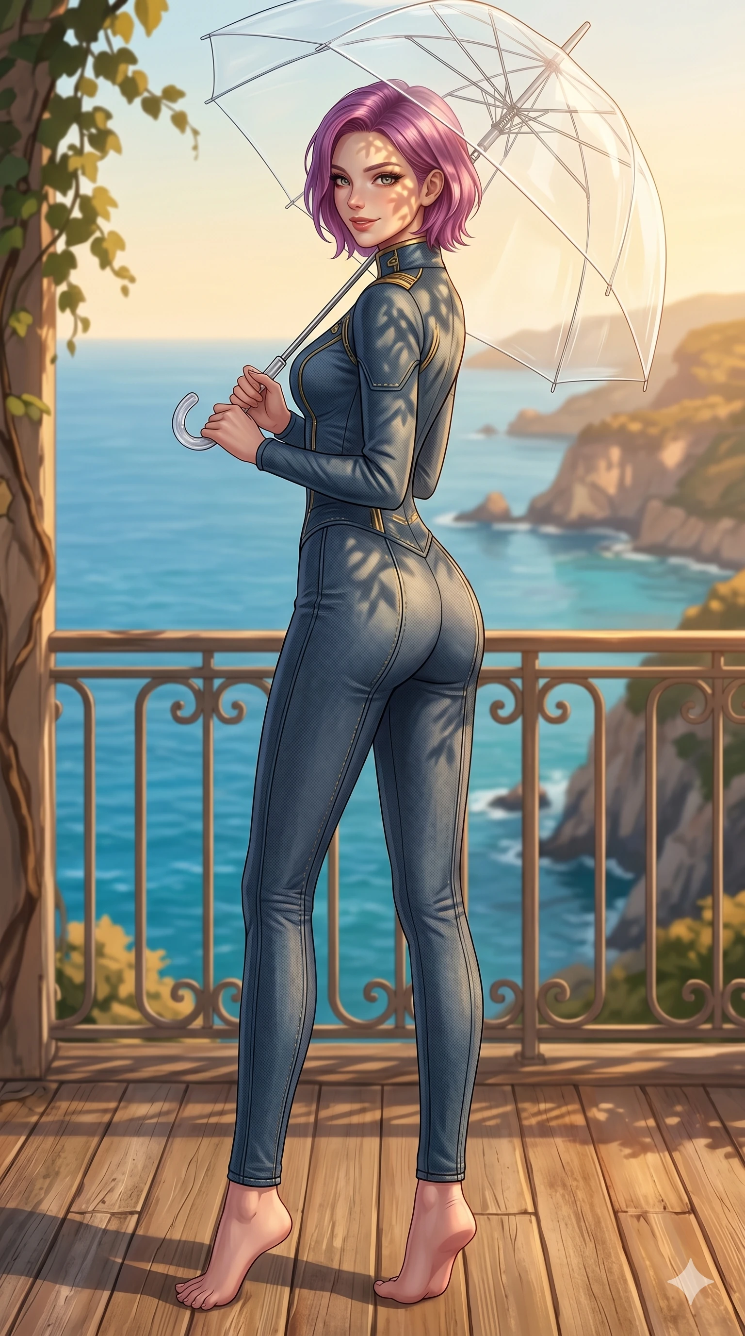 score_9, masterpiece, best quality, ultra-detailed, high-budget anime keyframe, editorial fashion photography, tasteful artistic composition, Caucasian woman, strictly human ears. low angle full-body shot from head to toe showing her feet, filling the entire 9:16 vertical frame with her statuesque presence, stretching her vertical silhouette. holding a transparent umbrella, looking over her shoulder with a magnetic, teasing smile on a private sun-deck of a cliffside villa overlooking the blue ocean (Code-P18-037). She has an absolutely perfect 8-heads proportion, an exceptionally tall and slender female figure with impossibly long slender legs and an ultra-slim waist. V-shaped jawline, high-bridge nose, intricate jewel-like eyes with depth, thick eyelashes, glossy lips with a natural sheen. wearing a structured high-neck pilot suit with gold accents and neat stitching. bathed in warm, golden afternoon sunbeams, casting soft organic leaf shadows on her skin. 2k, ultra detail, master piece, 9:16 ratio
