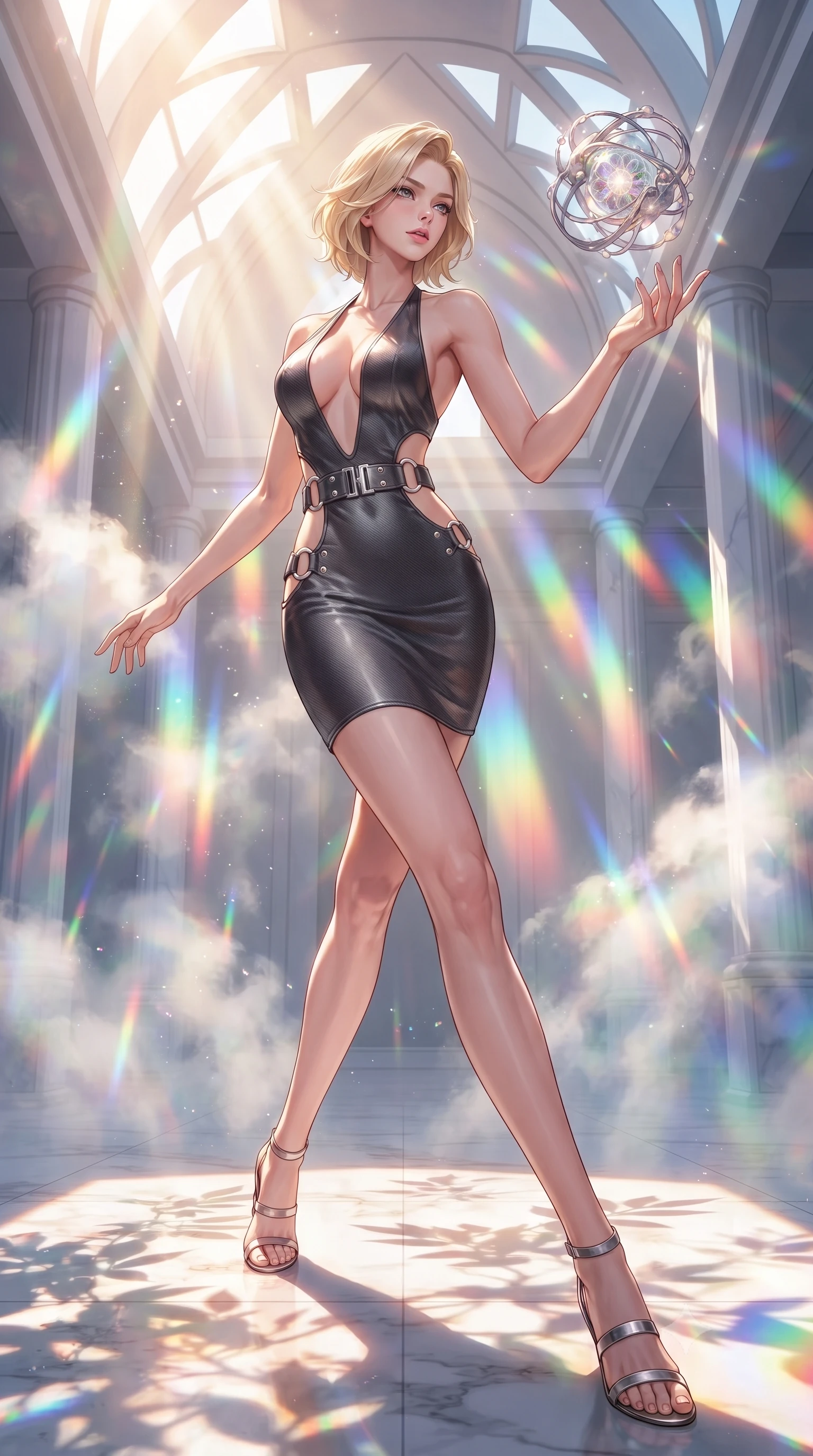 score_9, masterpiece, best quality, ultra-detailed, high-budget anime keyframe, editorial fashion photography, tasteful artistic composition, Caucasian woman. low angle full-body shot from head to toe showing her feet, filling the entire 9:16 vertical frame with her statuesque presence, stretching her vertical silhouette. forging dynamically through the scene, her vertical silhouette beautifully stretched interacting with a floating biomorphic pollen orb in a sunlit sanctuary, steam clouds refracting sunlight into brilliant rainbow prisms. She has an absolutely perfect, statuesque 8.5-heads proportion, an exceptionally tall and slender model-like female figure with impossibly long slender legs and an ultra-slim waist. sharp v-shaped jawline, high-bridge nose, intricate jewel-like eyes with depth, thick eyelashes, glossy lips with a natural sheen. wearing a deep-scoop halter bodycon dress with hip cutouts connected by silver rings in charcoal grey and platinum, made of fine carbon-fiber weave and soft matte leather, detailed with polished silver buckles along the waistline, the elegant draped fit framing her graceful clavicle and slender torso. illuminated by brilliant sunbeams casting organic leaf stencil shadows. highly saturated vibrant anime colors, detailed shading with soft gradients, rich glossy textures, high-contrast stereoscopic depth, volumetric dynamic lighting, master piece, 9:16 ratio
