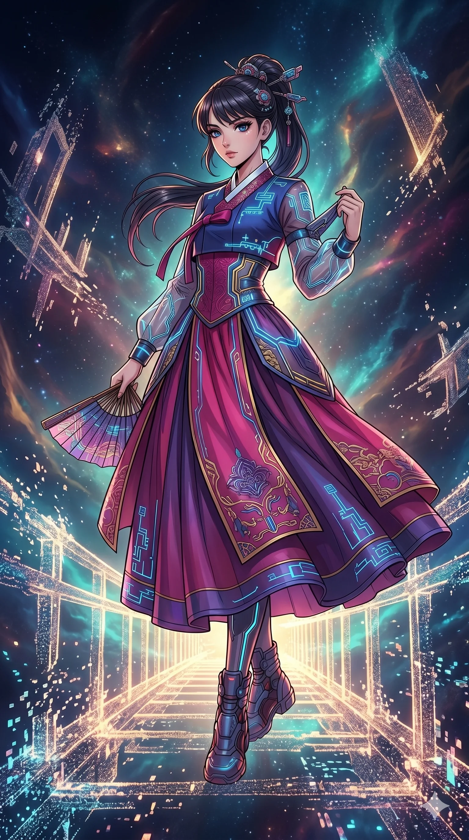 score_9, masterpiece, best quality, ultra-detailed, high-budget anime movie keyframe, cinematic anime lighting, intricate line art, Japanese woman. Dynamic full-body shot stretching the vertical silhouette with extreme perspective. standing on a bridge of light as it slowly dissolves into the air. She has an elegant and graceful female figure with elegant silhouette. sharp v-shaped jawline, high-bridge nose, intricate jewel-like eyes, thick eyelashes, soft lips. Wearing Modern Traditional: Modern cyber-hanbok with fusion silk robes and decorative panels. The scene is illuminated by dramatic atmospheric lighting and vibrant color palettes. , 2k, ultra detail, master piece, 9:16 ratio