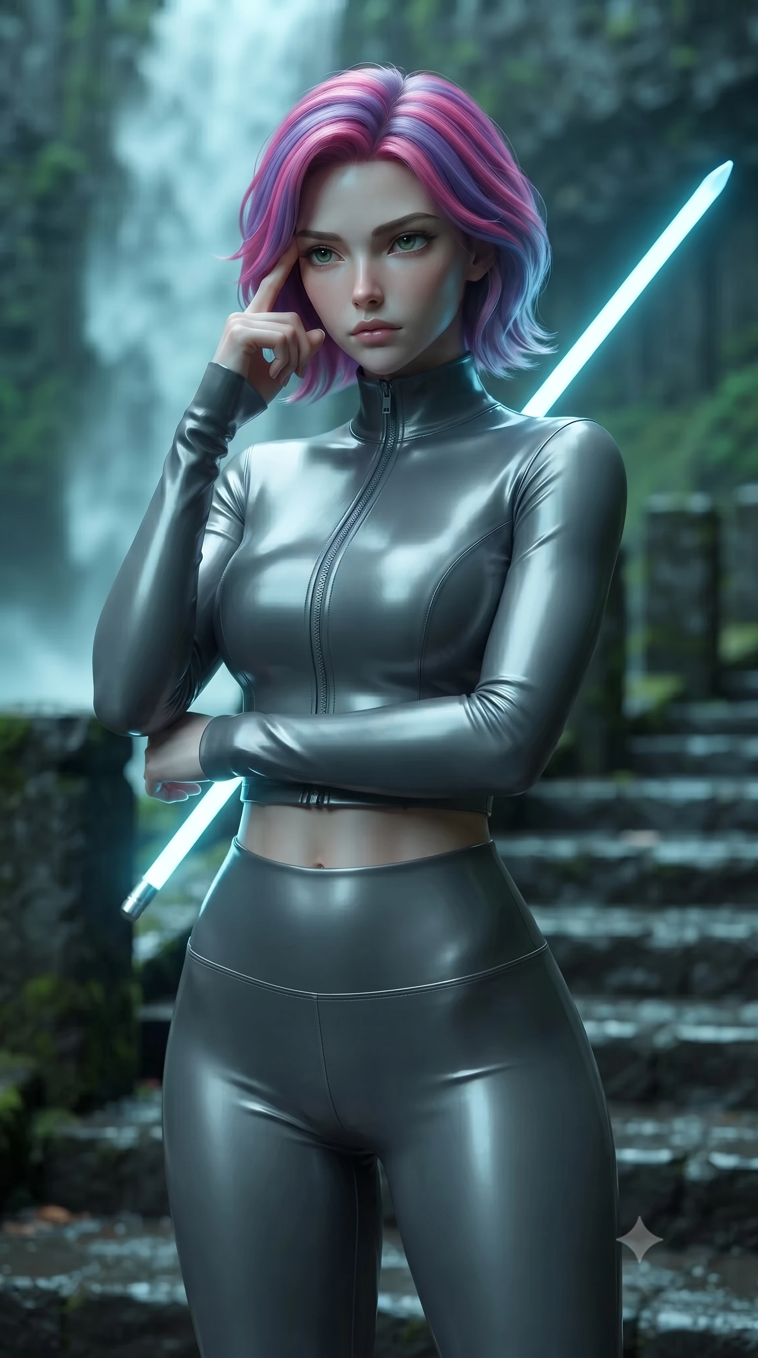 score_9, masterpiece, best quality, ultra-detailed, high-budget anime keyframe, editorial fashion photography, tasteful artistic composition, Caucasian woman. close-up cowboy shot from the waist and thighs up, the character dominates the composition, filling the frame with her large presence, background elements kept in soft focus. pressing two fingers to her temple while holding a light-spear diagonally behind her in a composed thoughtful gesture, the background shows a soft-focus a waterfall observation deck with basalt pillars and wet stone stairs. She has an exceptionally elegant, slender, and willowy female figure with an ultra-slim waist, a gracefully sculpted slender torso, and a refined silhouette. sharp v-shaped jawline, high-bridge nose, intricate jewel-like eyes with depth, thick eyelashes, glossy lips with a natural sheen. wearing a form-contouring body-hugging high-neck activewear set of a tailored zip-up long-sleeve crop top and matching leggings in carbon-grey. cool aqua light reflecting from the waterfall onto wet stone and her armor. ultra-reflective glossy finish, specular highlights, metallic sheen, high-contrast stereoscopic depth, volumetric dynamic lighting, 2k, ultra detail, master piece, 9:16 ratio