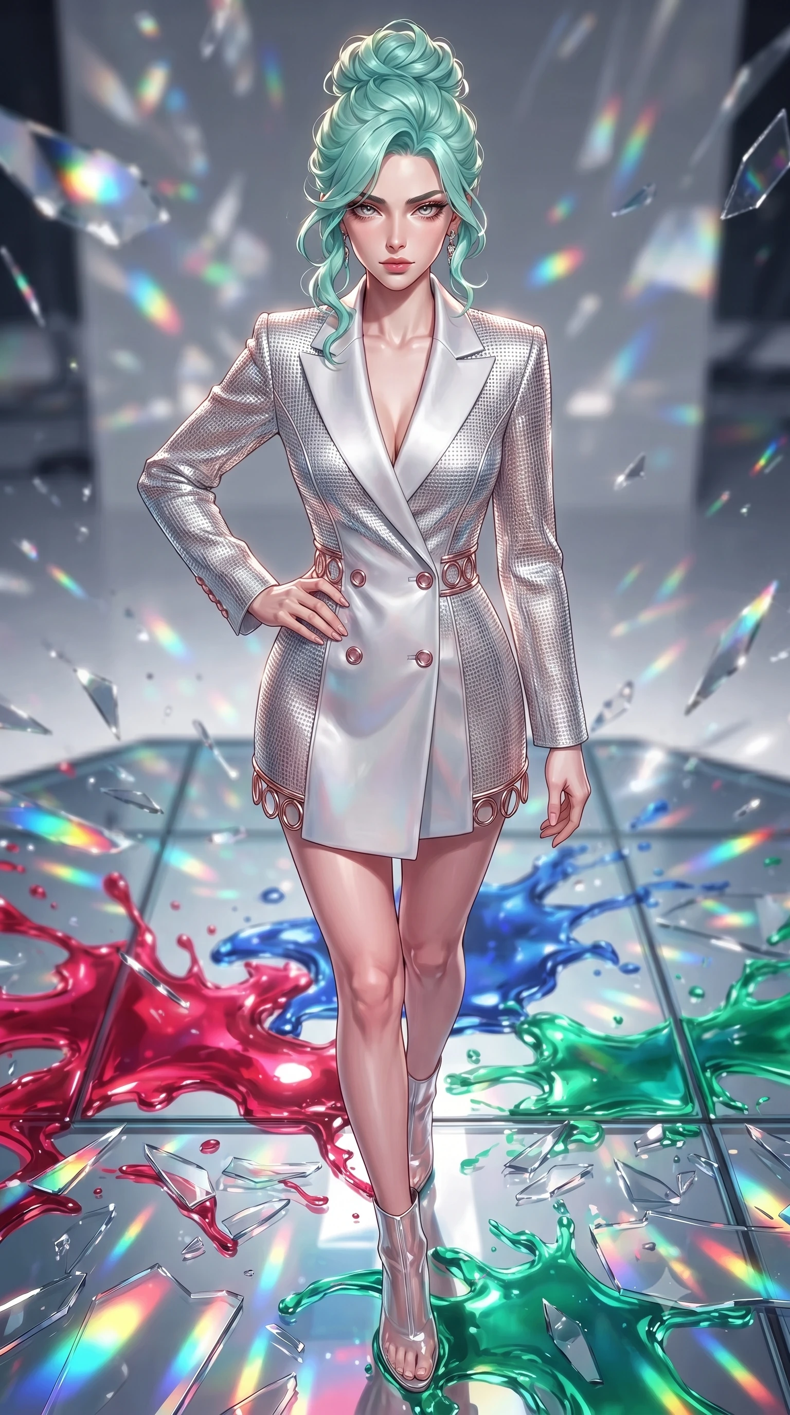 score_9, masterpiece, best quality, ultra-detailed, high-budget anime keyframe, editorial fashion photography, tasteful artistic composition, Japanese woman. close-up cowboy shot from the waist and thighs up, the character dominates the composition, filling the frame with her large presence, background elements kept in soft focus. Holding a confident power pose with one hand on her hip, stepping across a reflective glass floor drenched in vibrant fluid splashes, shattered mirror shards scattering brilliant rainbow reflections everywhere. She has an exceptionally elegant, slender, and willowy female figure with an ultra-slim waist, a gracefully sculpted slender torso, and a refined silhouette. sharp v-shaped jawline, high-bridge nose, intricate jewel-like eyes with depth, thick eyelashes, glossy lips with a natural sheen. wearing tailored double-breasted opal white blazer dress in metallic silver, made of fine silver contouring mesh, trimmed with rose-gold ring hardware along the waist contours, accentuating her gracefully sculpted slender torso. bathed in high-contrast vibrant studio lighting with sharp specular highlights. highly saturated vibrant anime colors, detailed shading with soft gradients, rich glossy textures, high-contrast stereoscopic depth, volumetric dynamic lighting, master piece, 9:16 ratio