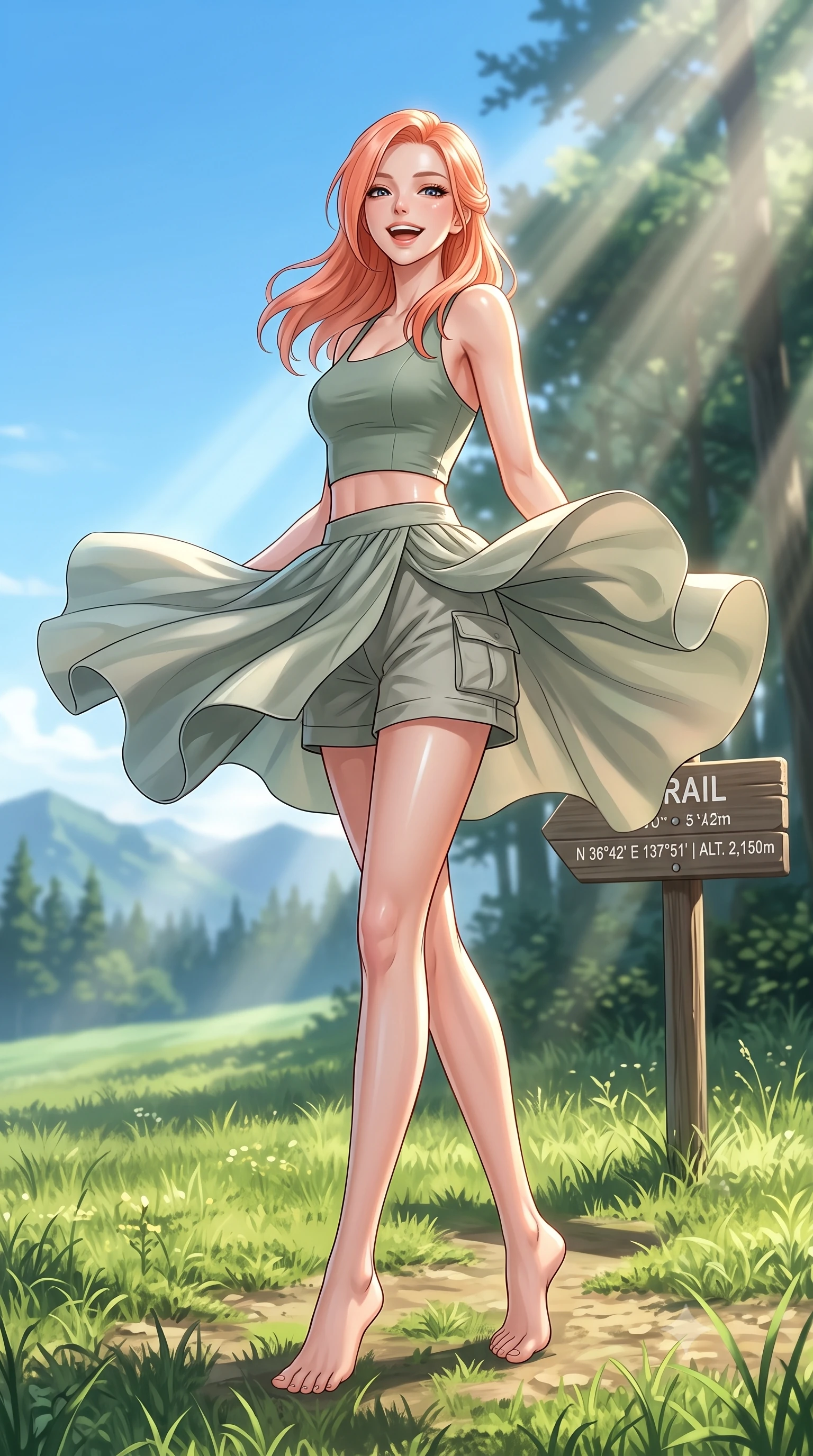 score_9, masterpiece, best quality, ultra-detailed, high-budget anime keyframe, editorial fashion photography, tasteful artistic composition, Japanese woman. low angle full-body shot from head to toe showing her feet, filling the entire 9:16 vertical frame with her statuesque presence, stretching her vertical silhouette. twirling around with a playful, cute laugh, her skirt billowing beautifully in the air set against a soft-focus background of on a wide grassy meadow high up on a mountain plateau under a blue sky with a wooden trail marker sign showing coordinates behind her. She has an absolutely perfect, statuesque 8.5-heads proportion, an exceptionally tall and slender model-like female figure with impossibly long slender legs and an ultra-slim waist. sharp v-shaped jawline, high-bridge nose, intricate jewel-like eyes with depth, thick eyelashes, glossy lips with a natural sheen. wearing tailored stylish crop top in sage green, paired with lightweight cargo shorts. volumetric sunbeams slicing through the forest trees, creating light rays. ultra-reflective glossy finish, specular highlights, metallic sheen, high-contrast stereoscopic depth, volumetric dynamic lighting, 2k, ultra detail, master piece, 9:16 ratio