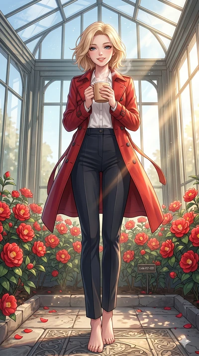 score_9, masterpiece, best quality, ultra-detailed, high-budget anime keyframe, vibrant anime aesthetic, Caucasian woman, strictly human ears. low angle full-body shot from head to toe showing her feet, filling the entire 9:16 vertical frame with her