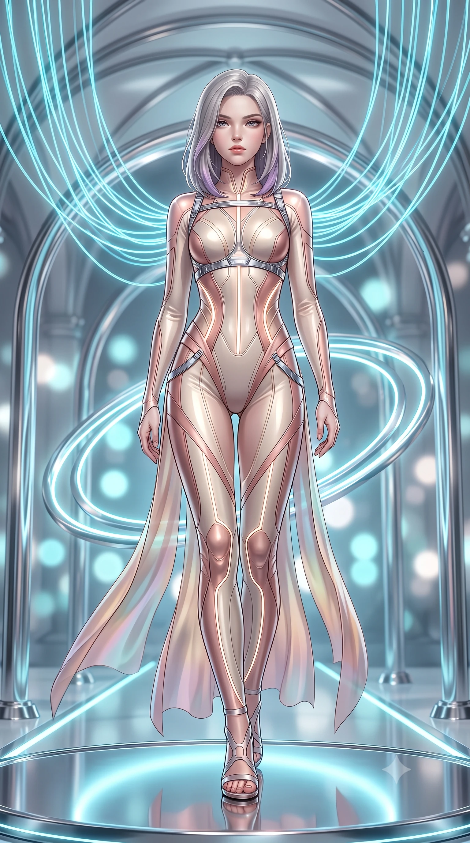 score_9, masterpiece, best quality, ultra-detailed, high-budget anime keyframe, semi-realistic 3D game render, editorial fashion photography, tasteful artistic composition, Caucasian woman. low angle full-body shot from head to toe showing her feet, filling the entire 9:16 vertical frame with her statuesque presence, stretching her vertical silhouette. striding forward with commanding supermodel grace, her 8.5-heads statuesque silhouette dominating the vertical frame from head to toe while pivoting dynamically on a mirrored chrome dais beneath soaring arches as glowing cyan fiber-optic cables cascade from the vaulted ceiling. The composition keeps background elements in soft focus with creamy bokeh. soaring polished chrome arches and rotating neon halo rings blurred into luminous cyan and platinum bokeh. She has an absolutely perfect, statuesque 8.5-heads proportion, an exceptionally tall and slender model-like female figure with impossibly long slender legs, a toned flat midriff, and an ultra-slim waist. sharp v-shaped jawline, high-bridge nose, intricate jewel-like eyes with depth, thick eyelashes, glossy lips with a natural sheen, flawlessly proportioned anatomical accuracy, strict slender model proportions, natural body alignment, perfectly sculpted long slender limbs, ultra-slim waistline, clean dynamic posture without body distortion. wearing an ultra-sleek aerodynamic tech-jumpsuit sculpted tightly to her figure, accented with glowing fiber-optic spine lines in sculpted rose gold and luminescent champagne ivory, made of smooth flowing silk chiffon that shifts colors with movement, reinforced by a sleek metallic chrome harness and delicate glowing micro-straps, the glove-like aerodynamic second-skin fit tightly clinging to her ultra-slender waist and athletic curves without adding bulk, accentuating her razor-sharp statuesque lines and slim hourglass silhouette. illuminated by crisp white key light and sharp specular rim highlights tracing her slender curves. rich saturated anime colors with glowing neon highlights, detailed shading with soft gradients, rich glossy textures, high-contrast stereoscopic depth, volumetric dynamic lighting, master piece, 9:16 ratio