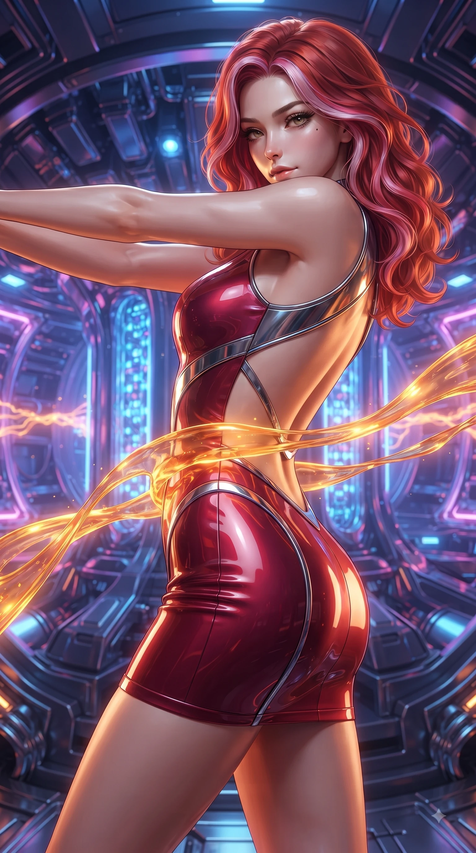 score_9, masterpiece, best quality, ultra-detailed, high-budget anime keyframe, editorial fashion photography, tasteful artistic composition, Caucasian woman. close-up cowboy shot from the waist and thighs up, the character dominates the composition, filling the frame with her large presence. stretching forward with an alluring arch of her spine, glancing over her shoulder with thick eyelashes and a smoldering half-smile while reaching forward with a dangerous smolder as streams of liquid plasma wrap around her waist. The surrounding environment is rendered in vivid detail and crisp panoramic clarity. intricate plasma arc textures, glowing fusion core lattices, and polished chrome plating in high resolution. She has an exceptionally elegant, slender, and willowy female figure with an ultra-slim waist, a gracefully sculpted slender torso, and a refined silhouette. sharp v-shaped jawline, high-bridge nose, intricate jewel-like eyes with depth, thick eyelashes, glossy lips with a natural sheen, flawlessly proportioned anatomical accuracy, natural body alignment, perfectly sculpted elegant limbs, clean dynamic posture without body distortion. wearing a second-skin fashion-latex mini dress with a clean architectural front, featuring an open-back design that wraps around the sides of her waist, showcasing her slender silhouette in deep ruby red and polished chrome accents, tailored from semi-translucent cybernetic vinyl with glowing micro-filaments, reinforced by a sleek metallic chrome harness and delicate glowing micro-straps, the form-contouring second-skin material highlighting her ultra-slim waist and long lines. bathed in blazing golden-orange plasma radiance and sharp electric rim lighting. ultra-reflective glossy finish, specular highlights, metallic sheen, high-contrast stereoscopic depth, volumetric dynamic lighting, 2k, ultra detail, master piece, 9:16 ratio