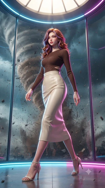 score_9, masterpiece, best quality, ultra-detailed, high-budget anime keyframe, editorial fashion photography, tasteful artistic composition, Caucasian woman, strictly human ears. low angle full-body shot from head to toe showing her feet, filling th