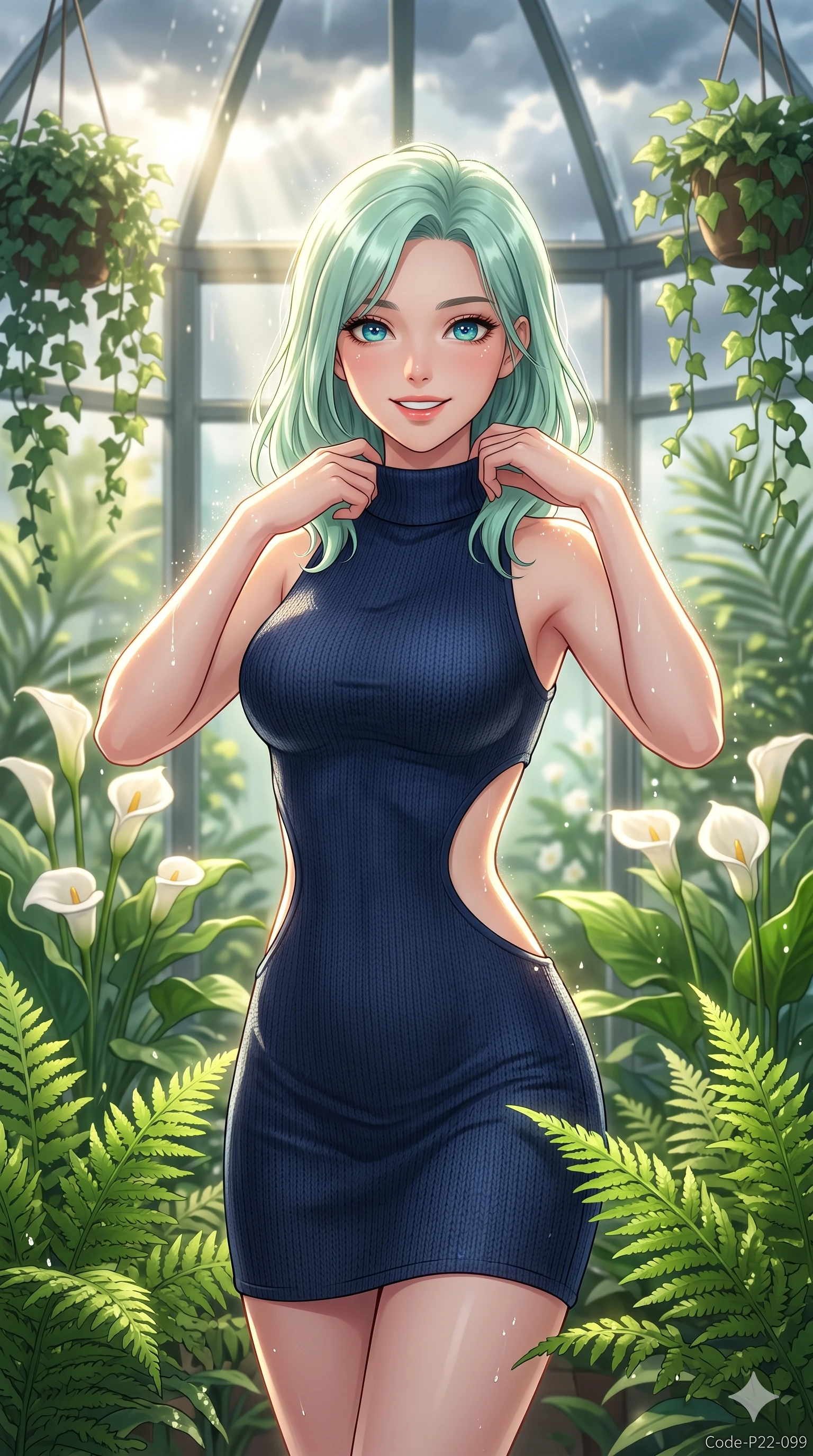 score_9, masterpiece, best quality, ultra-detailed, high-budget anime keyframe, vibrant anime aesthetic, Japanese woman. close-up cowboy shot from the waist and thighs up, the character dominates the composition, filling the frame with her large presence, background elements kept in soft focus. She is laughing cheerfully while adjusting her collar in the soft drizzle, with a warm and inviting look standing amidst vibrant green ferns. inside a sunlit plant conservatory filled with white calla lilies and hanging ivy, as sunbeams pierce through storm clouds (Code-P22-099). She has an absolutely perfect proportion, an exceptionally elegant and slender female figure with an ultra-slim waist. V-shaped jawline, high-bridge nose, intricate jewel-like eyes with depth, thick eyelashes, glossy lips with a natural sheen. wearing a bodycon knit dress with an elegant side panel cut-out in midnight blue. She is lit by sparkling rain droplets reflecting the morning sun, creating a glowing halo, tracing the elegant lines of her shoulders inside the glass pavilion. 2k, ultra detail, master piece, 9:16 ratio