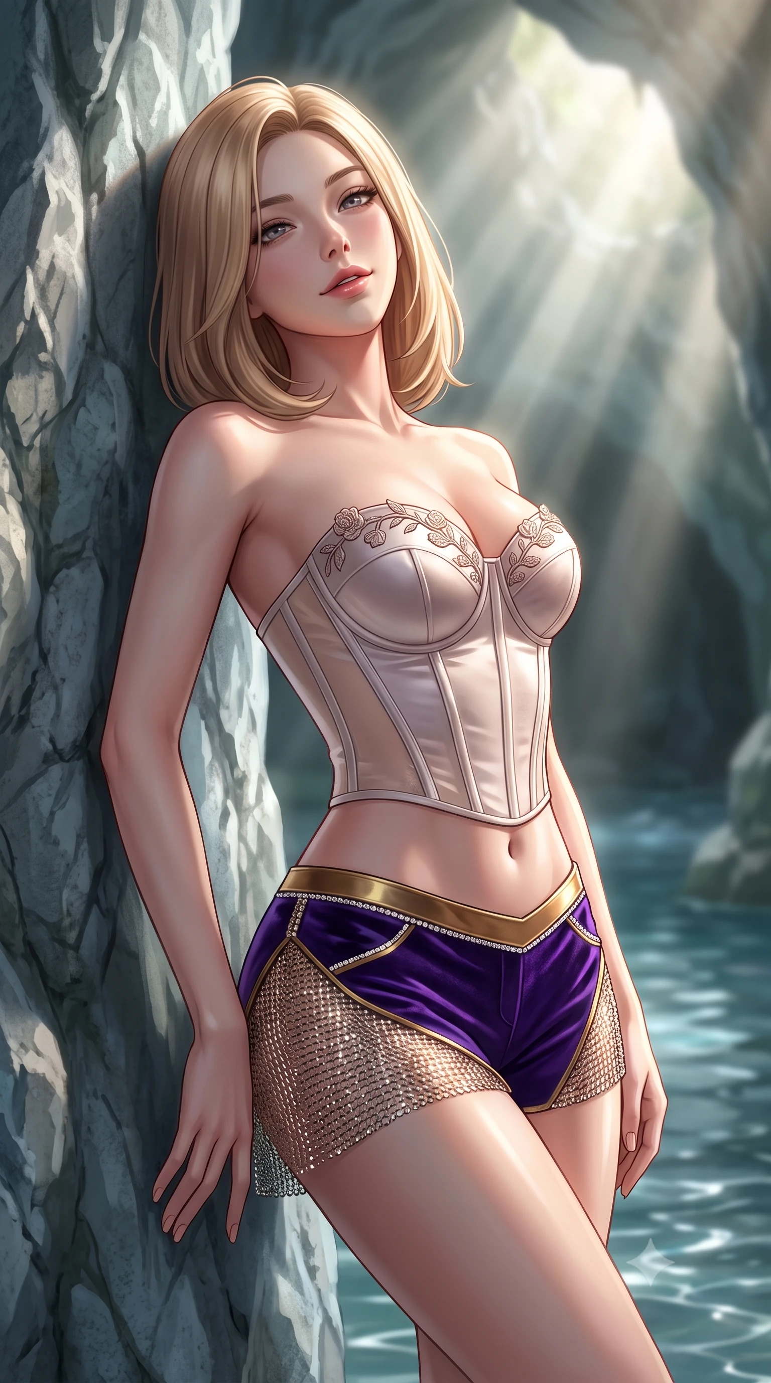 score_9, masterpiece, best quality, ultra-detailed, high-budget anime keyframe, semi-realistic 3D game render, editorial fashion photography, tasteful artistic composition, Korean woman. close-up cowboy shot from the waist and thighs up, the character dominates the composition, filling the frame with her large presence. tilting her head with a teasing half-smile, running one hand slowly down the side of her hip in a flirtatious S-curve as ambient light caresses her silhouette while leaning against the cool limestone cavern wall with hips cocked back, looking upward through sunbeams with smoldering bedroom-eyes. The background shows a soft-focus natural spring pool ripples softened in secret enchanted grotto shallow focus. She has an exceptionally elegant, slender, and willowy female figure with an ultra-slim waist, flat toned midriff, narrow ribcage, and sculpted feminine hips creating an alluring, slim hourglass silhouette without bulk. sharp v-shaped jawline, high-bridge nose, sparkling eyes with hypnotic seductive depth, thick curled eyelashes, glossy parted lips with a natural dewy peach sheen, alluring bedroom-eyes with an enchanting coquettish smile, exuding magnetic siren charisma and sophisticated glamour, flawlessly proportioned anatomical accuracy, strict slender model proportions, natural body alignment, perfectly sculpted long slender limbs, ultra-slim waistline, clean dynamic posture without body distortion. wearing a structured boned satin corset bodice with sheer illusion side panels paired with low-waisted tailored micro-shorts in high-roller royal purple velvet and gilded bronze with crystal trims, crafted from shimmering fluid chainmail mesh reflecting ambient casino lights, finished with delicate floral vine embroidery tracing along her sweetheart neckline with intimate elegance, the glove-like clinging cut tightly following the natural contour of her hips and long slender legs with youthful 8.5-heads elegance. bathed in dramatic angled shafts of pure morning sunlight (god rays) penetrating the sunken cavern opening. highly saturated vibrant anime colors, detailed shading with soft gradients, rich glossy textures, high-contrast stereoscopic depth, volumetric dynamic lighting, master piece, 9:16 ratio