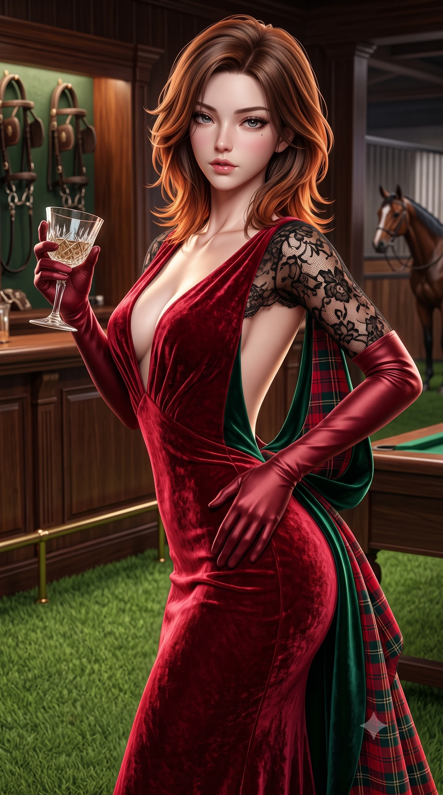 score_9, masterpiece, best quality, ultra-detailed, high-budget anime keyframe, semi-realistic 3D game render, editorial fashion photography, tasteful artistic composition, Korean woman. close-up cowboy shot from the waist and thighs up, the character dominates the composition, filling the frame with her large presence. arching her spine backward with effortless dancer poise, one hand sliding along her hip line as directional light carves specular highlights along her silhouette while twisting her slender torso in an assertive contrapposto stance beside the private turf bar, her form-contouring riding suit sculpting her feminine hourglass lines. The surrounding environment is rendered in vivid detail and crisp panoramic clarity. detailed equestrian leather harness stitching, fine wool tailoring, and lace hat weave in high clarity. She has an exceptionally elegant, slender, and willowy female figure with an ultra-slim waist, flat toned midriff, narrow ribcage, and sculpted feminine hips creating an alluring, slim hourglass silhouette without bulk. sharp v-shaped jawline, high-bridge nose, intricate jewel-like eyes with depth, thick eyelashes, glossy parted lips with a natural sheen, intensely captivating and seductive bedroom-eyes expression, flawlessly proportioned anatomical accuracy, strict slender model proportions, natural body alignment, perfectly sculpted long slender limbs, ultra-slim waistline, clean dynamic posture without body distortion. wearing a plunging-V neckline crushed crimson velvet opera gown with delicate black lace sleeves and bare back in deep emerald green velvet and royal tartan crimson, made of fluid silk crepe with delicate inner corsetry boning, accessorized with opera-length satin gloves and a vintage crystal glass, the form-contouring material adhering flawlessly to her sculpted flat midriff and slender torso, emphasizing her long leg lines and perfectly proportioned willowy build. illuminated by sharp specular highlights carving her sculpted collarbones, flat toned midriff, and rounded hips. highly saturated vibrant anime colors, detailed shading with soft gradients, rich glossy textures, high-contrast stereoscopic depth, volumetric dynamic lighting, master piece, 9:16 ratio