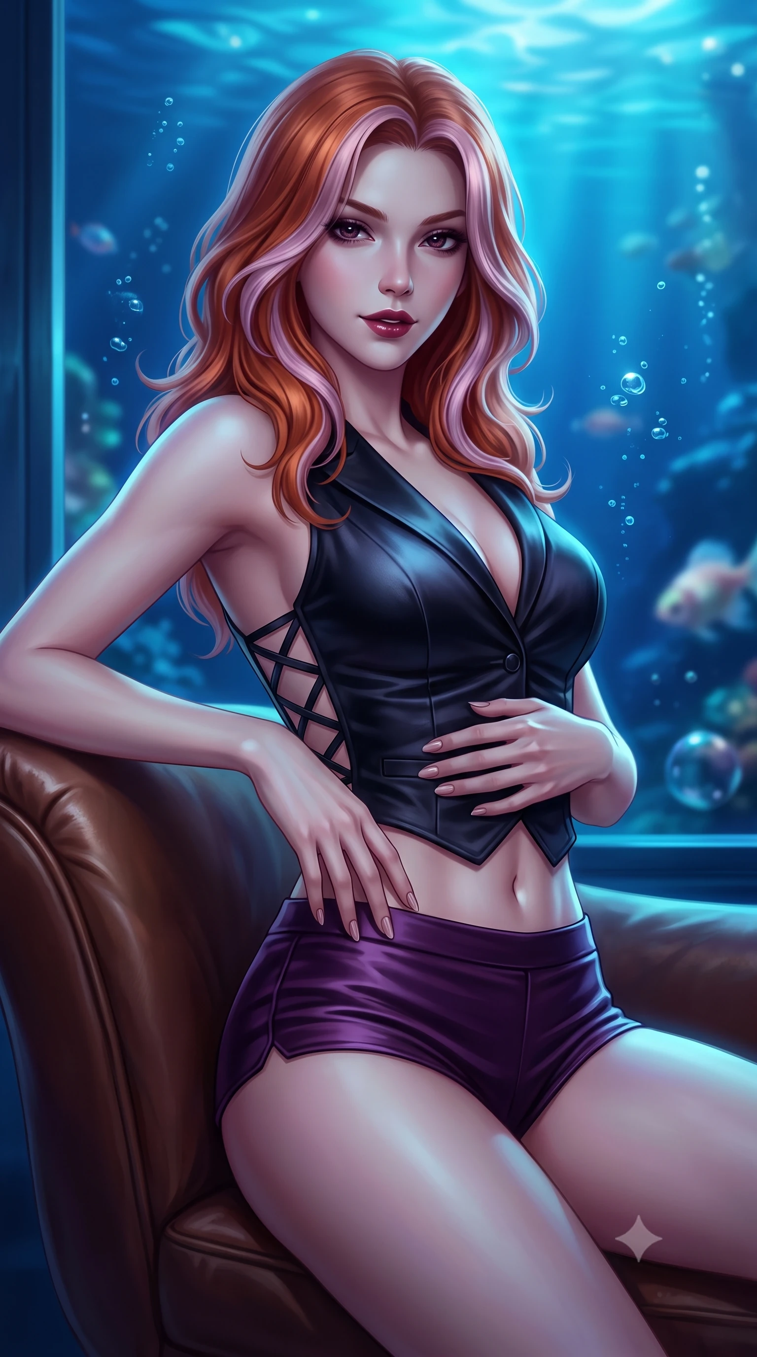score_9, masterpiece, best quality, ultra-detailed, high-budget anime keyframe, semi-realistic 3D game render, editorial fashion photography, tasteful artistic composition, Caucasian woman. close-up cowboy shot from the waist and thighs up, the character dominates the composition, filling the frame with her large presence. leaning back against the leather lounge with relaxed seductive grace, one hand resting on her flat midriff as her narrow waist and curvy hips command the frame while leaning against the curved observation glass with hips cocked back, casting an intoxicating, sultry bedroom-gaze through deep cobalt water ripples. The composition keeps background elements in soft focus with dreamy creamy bokeh. deep ocean water currents and floating air micro-bubbles softened in surreal aquatic shallow focus. She has an exceptionally elegant, slender, and willowy female figure with an ultra-slim waist, flat toned midriff, narrow ribcage, and sculpted feminine hips creating an alluring, slim hourglass silhouette without bulk. sharp v-shaped jawline, high-bridge nose, intricate jewel-like dark sparkling eyes with dangerous depth, thick curled eyelashes, glossy parted lips with a rich wine sheen, smoldering seductive half-smile with bedroom-eyes, exuding effortless superiority and intoxicating dark allure, flawlessly proportioned anatomical accuracy, strict slender model proportions, natural body alignment, perfectly sculpted long slender limbs, ultra-slim waistline, clean dynamic posture without body distortion. wearing a tailored satin tuxedo vest worn closed against bare skin with high-cut tailored satin hot-pants in rich plum violet and deep onyx black, made of supple butter-soft lambskin leather with a subtle satin sheen, featuring a dramatic criss-cross satin back lacing tracing her slender spine, the high-waisted tailoring accentuating her ultra-slim waistline and the enchanting curve of her feminine hips with alluring dark charm. bathed in deep ethereal sapphire and cyan bioluminescent ambient glow radiating from all sides. highly saturated vibrant anime colors, detailed shading with soft gradients, rich glossy textures, high-contrast stereoscopic depth, volumetric dynamic lighting, master piece, 9:16 ratio
