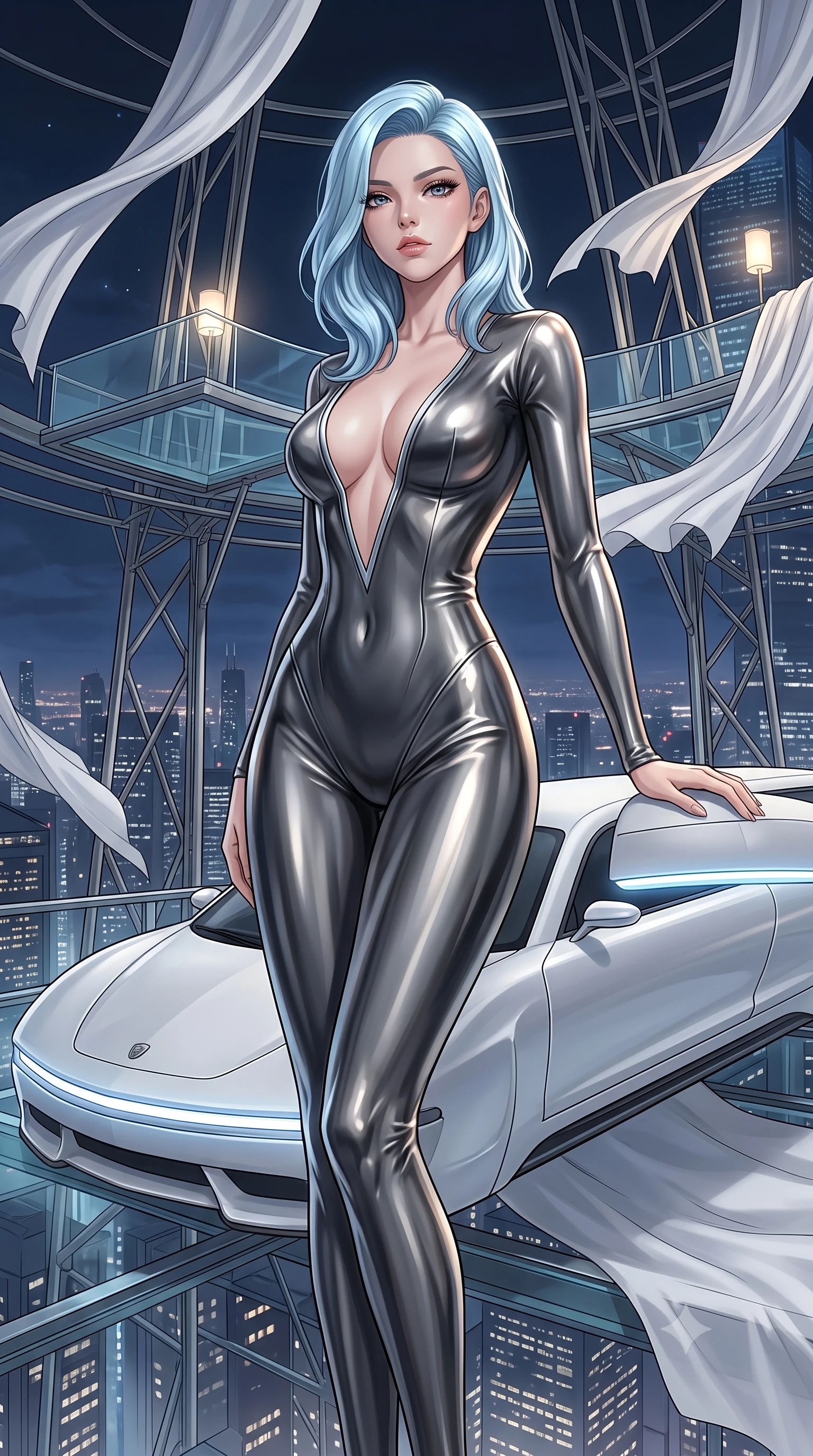 score_9, masterpiece, best quality, ultra-detailed, High-budget Anime Keyframe, East Asian woman. Low angle cowboy shot filling the entire 9:16 frame with her statuesque presence. Scenario 294: leaning against a sleek white hover-limousine by a luxury sky-lounge with floating glass platforms and white silk drapes. Her presence is magnetic and overpowering in this high-budget anime scene. Outfit 294: a slim-fit molten liquid silk second with a plunging V-neckline and tight-fitting silhouette. The clothing is designed to emphasize her exceptionally tall and slender 8-heads proportion. 8-heads proportion, towering silhouette, ultra-slim waist. sharp v-shaped jawline, intricate jewel-like eyes with depth, thick eyelashes, glossy lips. 2k, ultra detail, master piece, 9:16 ratio