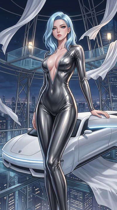 score_9, masterpiece, best quality, ultra-detailed, High-budget Anime Keyframe, East Asian woman. Low angle cowboy shot filling the entire 9:16 frame with her statuesque presence. Scenario 294: leaning against a sleek white hover-limousine by a luxur