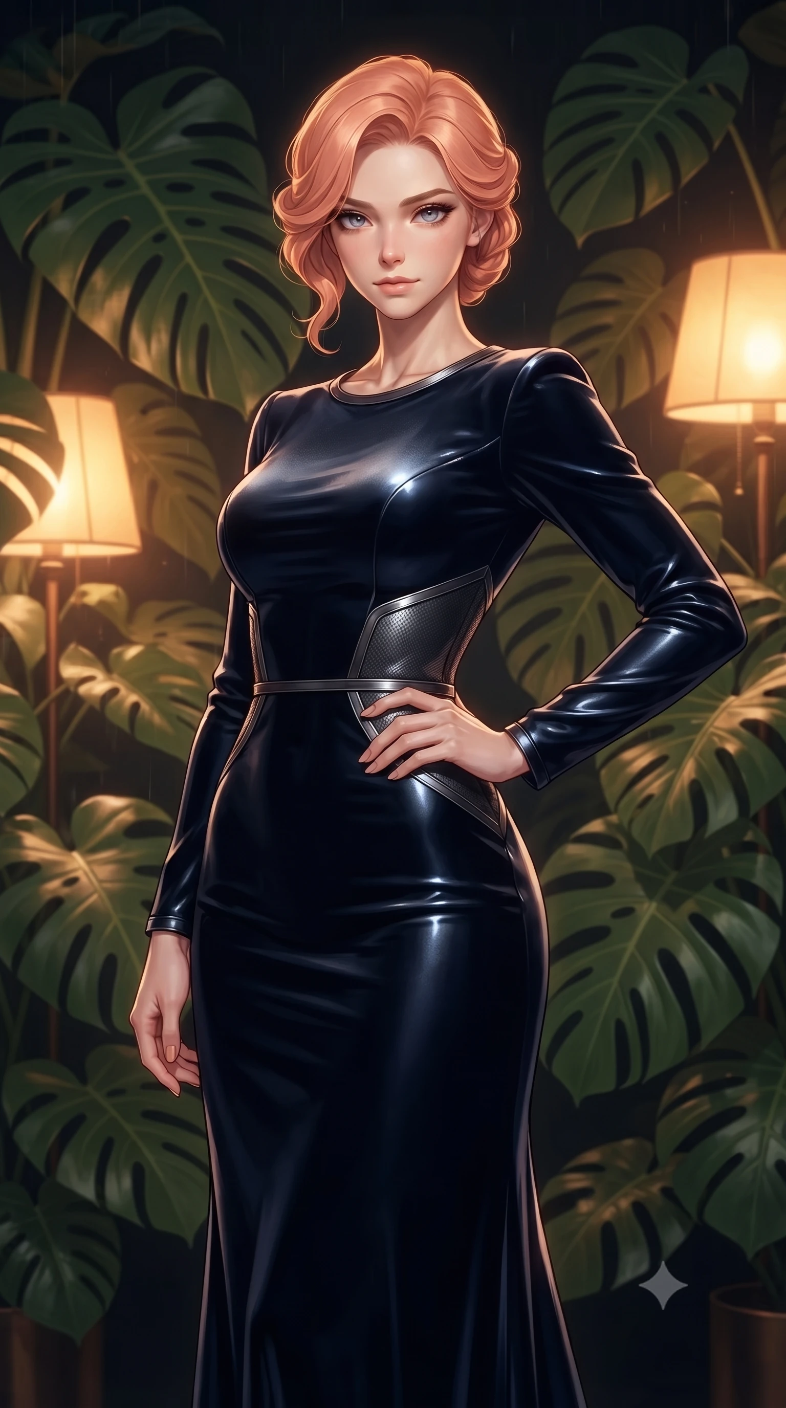 score_9, masterpiece, best quality, ultra-detailed, high-budget anime keyframe, editorial fashion photography, tasteful artistic composition, Japanese woman. close-up cowboy shot from the waist and thighs up, the character dominates the composition, filling the frame with her large presence, background elements kept in soft focus. Holding a confident power pose with one hand on her hip, standing amidst lush tropical monstera plants illuminated by warm amber floor lamps, warm amber floor lamps casting intimate golden rays through plant foliage. She has an exceptionally elegant, slender, and willowy female figure with an ultra-slim waist, a gracefully sculpted slender torso, and a refined silhouette. sharp v-shaped jawline, high-bridge nose, intricate jewel-like eyes with depth, thick eyelashes, glossy lips with a natural sheen. wearing floor-length high-neck midnight navy velvet gown with long sleeves in metallic dark silver, made of matte carbon-fiber weave, trimmed with dark chrome ring hardware along the waist contours, contouring every curve with an exceptionally elegant silhouette. bathed in wet rain reflections and deep shadowy background contrast. ultra-reflective glossy finish, specular highlights, metallic sheen, high-contrast stereoscopic depth, volumetric dynamic lighting, 2k, ultra detail, master piece, 9:16 ratio