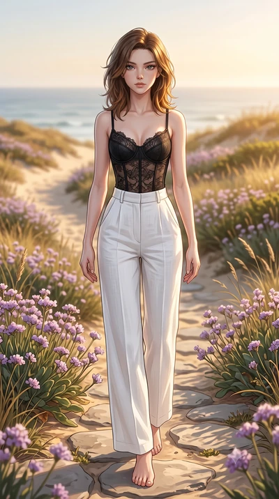score_9, masterpiece, best quality, ultra-detailed, high-budget anime keyframe, editorial fashion photography, tasteful artistic composition, Korean woman woman. low angle full-body shot from head to toe showing her feet, filling the entire 9:16 vert