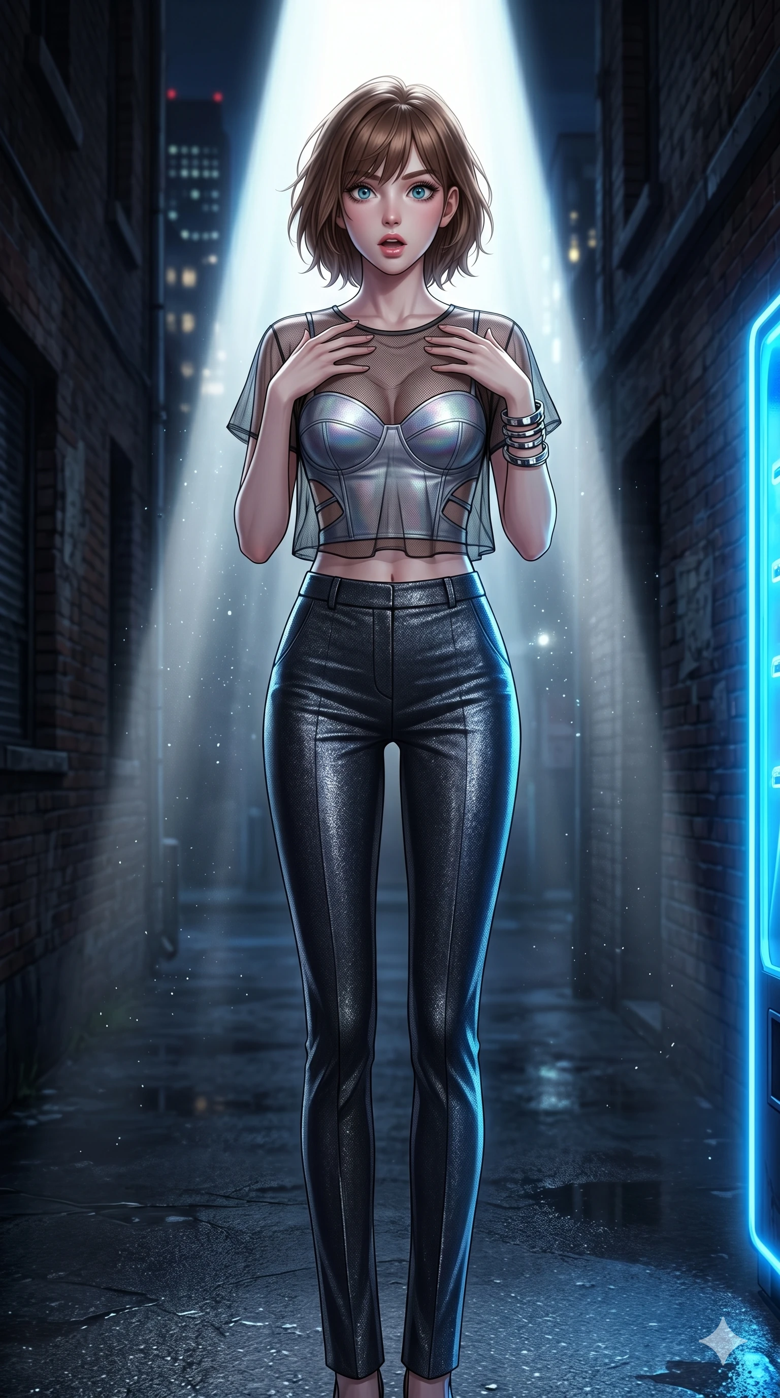 score_9, masterpiece, best quality, ultra-detailed, high-budget anime keyframe, editorial fashion photography, tasteful artistic composition, Caucasian woman, strictly human ears. cowboy shot from the thighs up, character and outfit filling the frame for maximum editorial presence. gasping slightly with a shocked look, her eyes locking onto the camera in sudden realization on a dark alley street when a bright beam of searchlight suddenly hits her (Scenario Code U-38). She has an absolutely perfect 8-heads proportion, an exceptionally tall and slender female figure with impossibly long slender legs and an ultra-slim waist. V-shaped jawline, high-bridge nose, intricate jewel-like eyes with depth, thick eyelashes, glossy lips with a natural sheen. wearing a sheer mesh crop top over a structured silver bustier with side cutouts. lit by the intense neon blue glow of a malfunctioning machine, tracing her silhouette. 2k, ultra detail, master piece, 9:16 ratio