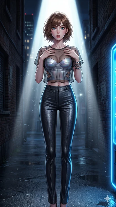 score_9, masterpiece, best quality, ultra-detailed, high-budget anime keyframe, editorial fashion photography, tasteful artistic composition, Caucasian woman, strictly human ears. cowboy shot from the thighs up, character and outfit filling the frame