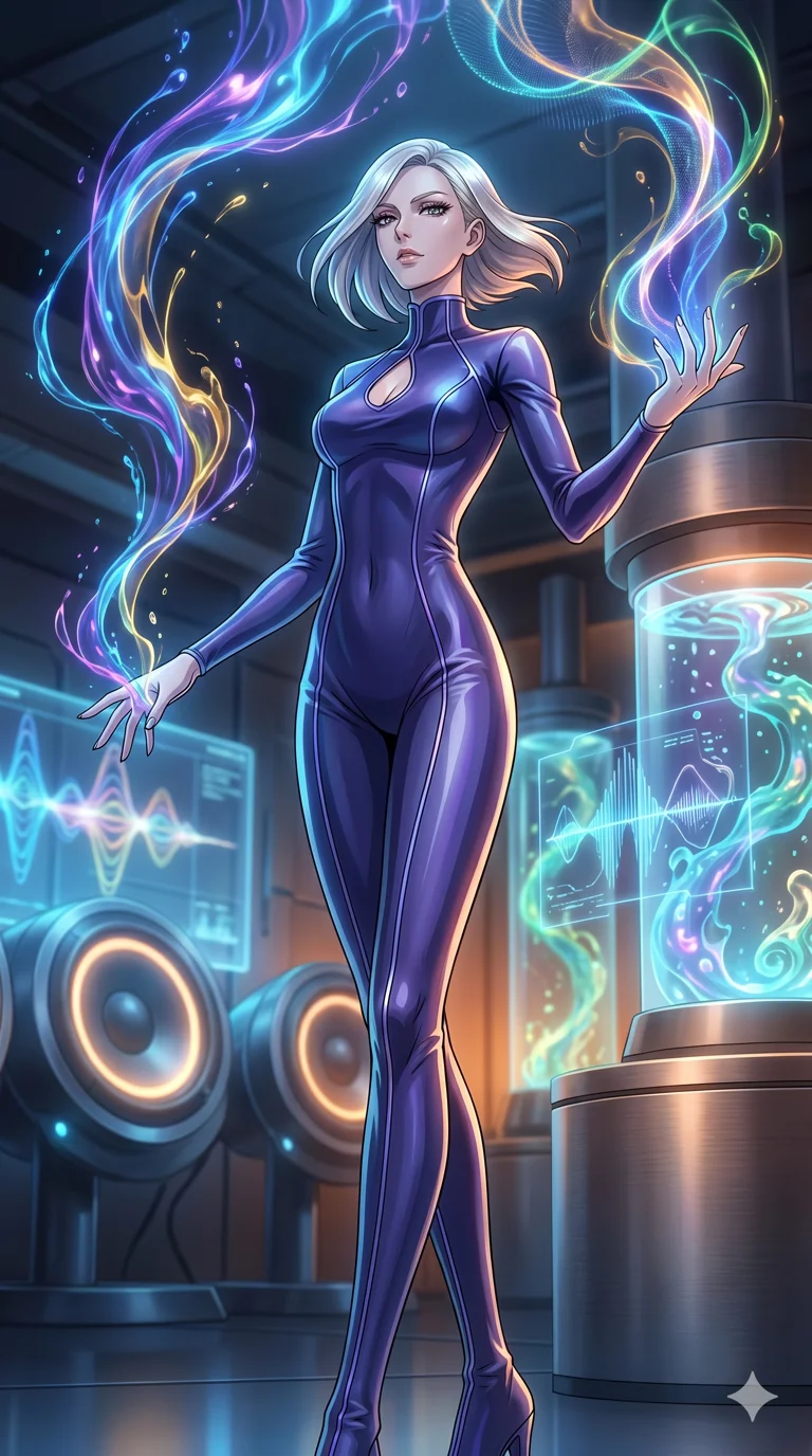 score_9, masterpiece, best quality, ultra-detailed, High-budget Anime Keyframe, vibrant colors, fluid line-art, expressive lighting, cinematic composition, Ufotable-style visual effects, top-tier animation quality, Caucasian woman with pale skin and refined features. Low angle cowboy shot filling the entire 9:16 frame with her statuesque presence, looking up to emphasize her height. Orchestrating a symphony of liquid light that flows from her fingertips like ink in water. She has an absolutely perfect 8-heads proportion, an exceptionally tall and slender female figure with impossibly long slender legs and an ultra-slim waist, her statuesque height and towering silhouette dominating the vertical 9:16 frame. Her face is a masterpiece featuring a sharp v-shaped jawline, high-bridge nose, intricate jewel-like eyes with depth, thick eyelashes, and glossy lips with a natural sheen. She is wearing a Sleek liquid-silk jumpsuit that clings to her frame, with a high collar and a small strategic teardrop cutout. The scene is set in a futuristic vibration lab filled with glowing resonators and liquid displays. 2k, ultra detail, master piece, 9:16 ratio
