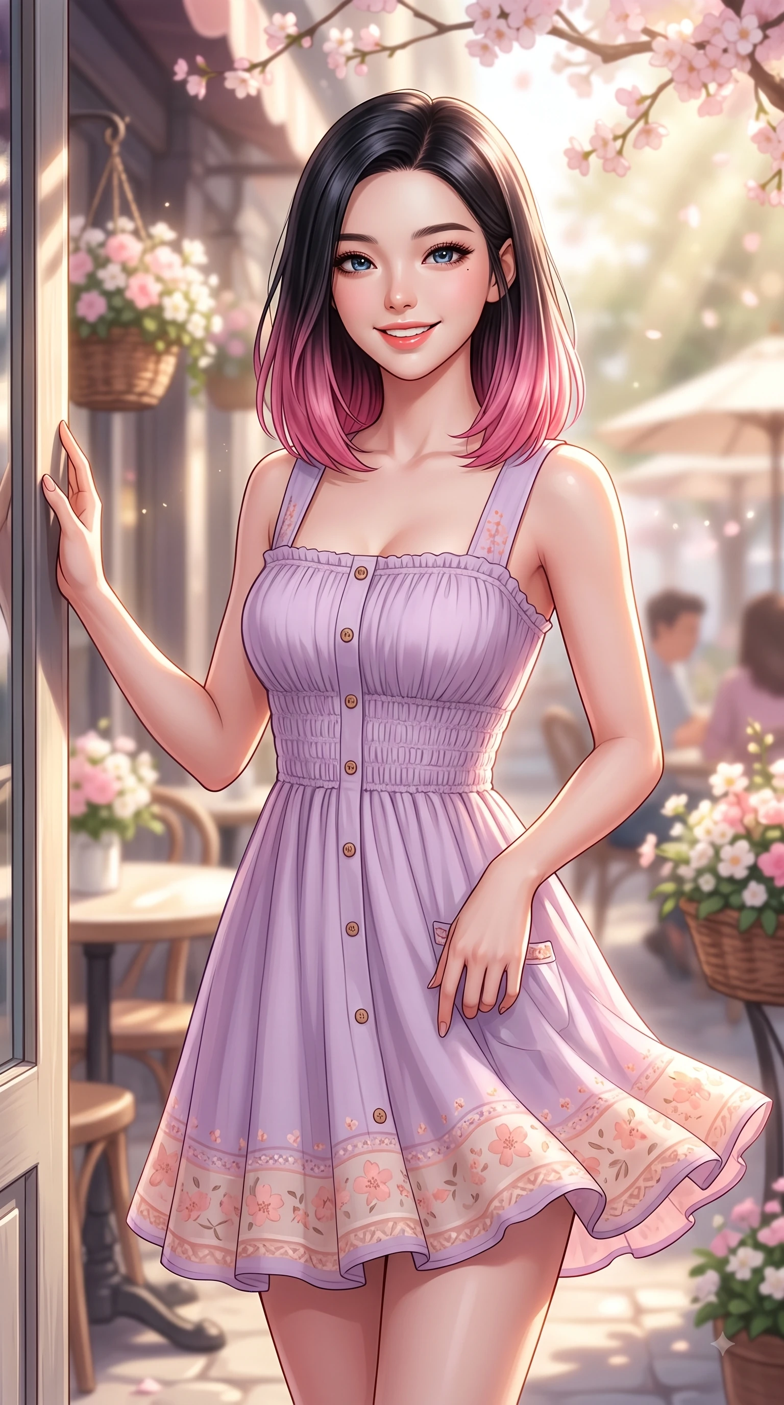 score_9, masterpiece, best quality, ultra-detailed, high-budget anime keyframe, editorial fashion photography, tasteful artistic composition, Korean woman. close-up cowboy shot from the waist and thighs up, the character dominates the composition, filling the frame with her large presence. Youthful bright smile exuding pure cute charm and fresh energy, her torso turning dynamically into the lens while resting near a sun-drenched cafe entrance while looking at the camera with a warm, sweet expression. The composition keeps background elements in soft focus with dreamy bokeh. sunlit outdoor cafe tables and decorative bloom displays blurring into gentle warm background light. She has an exceptionally elegant, slender, and willowy female figure with an ultra-slim waist, a gracefully sculpted slender torso, and a refined silhouette. sharp v-shaped jawline, high-bridge nose, intricate jewel-like eyes with depth, thick eyelashes, glossy lips with a natural sheen, flawlessly proportioned anatomical accuracy, natural body alignment, perfectly sculpted elegant limbs, clean dynamic posture without body distortion. wearing a romantic lilac square-neck sundress with soft smocked bodice and fluttery hem in peach blossom pink and warm oatmeal, made of fine lightweight chiffon that flutters gently in the breeze, finished with neat front wooden buttons and pocket details, the tailored casual silhouette highlighting her fresh and youthful presence. illuminated by gentle sunbeams streaming through blooming flower branches. highly saturated vibrant anime colors, detailed shading with soft gradients, rich glossy textures, high-contrast stereoscopic depth, volumetric dynamic lighting, master piece, 9:16 ratio