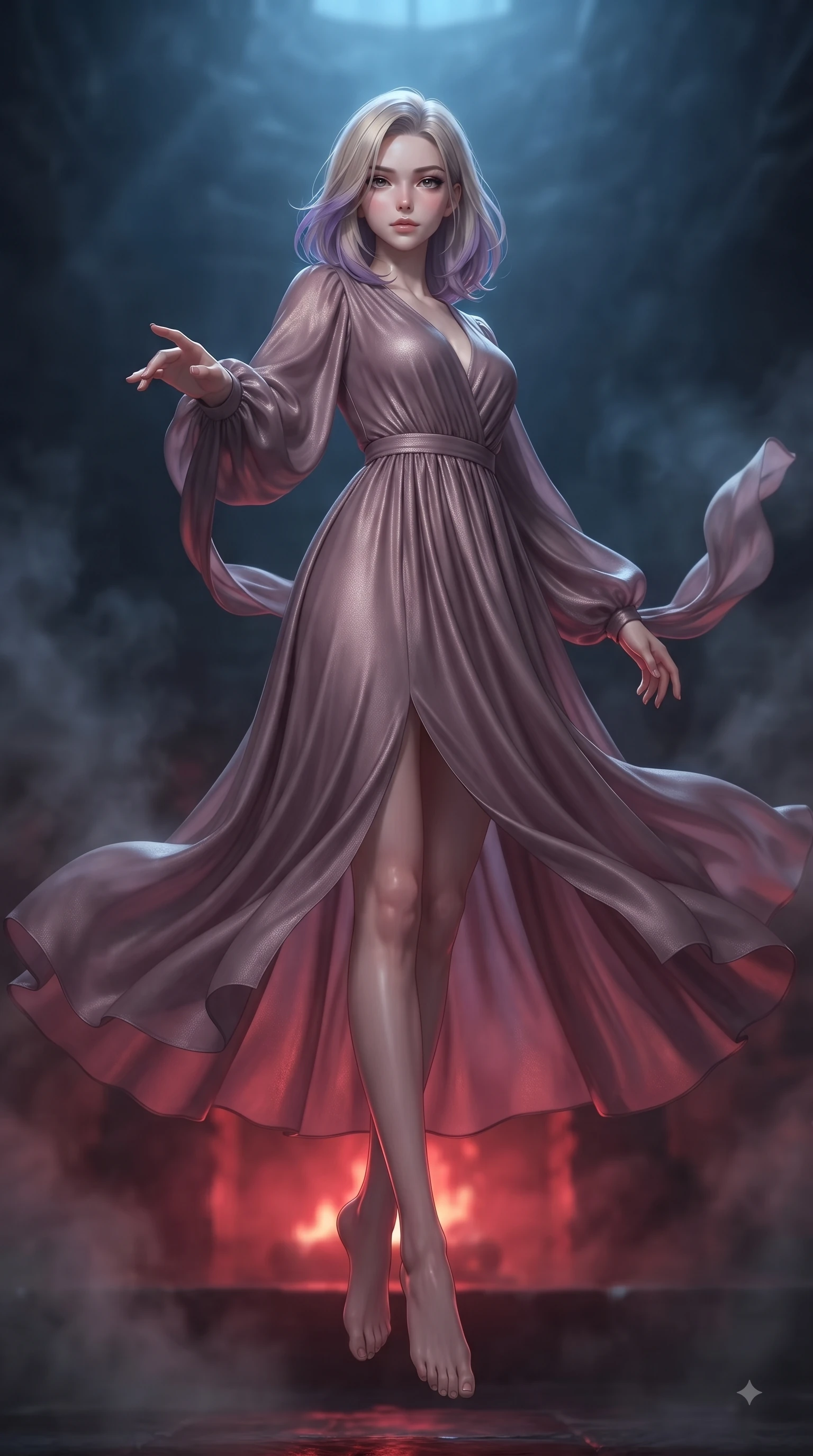 score_9, masterpiece, best quality, ultra-detailed, high-budget anime keyframe, editorial fashion photography, tasteful artistic composition, Caucasian woman woman. low angle full-body shot from head to toe showing her feet, filling the entire 9:16 vertical frame with her statuesque presence, stretching her vertical silhouette. She has an absolutely perfect, statuesque 8.5-heads proportion, an exceptionally tall and slender model-like female figure with impossibly long slender legs and an ultra-slim waist. floating dynamically in zero-gravity with flawless poise, reaching her hand forward gracefully, flawlessly proportioned anatomical accuracy, natural body alignment, perfectly sculpted elegant limbs, clean dynamic posture without body distortion. set against a soft-focus background of a dark basalt thermal bath chamber with rising mineral steam. wearing a serene dusty mauve chiffon maxi dress with long bishop sleeves. bathed in warm crimson furnace glow from below contrasting with cool top ambient light. ultra-reflective glossy finish, specular highlights, metallic sheen, high-contrast stereoscopic depth, volumetric dynamic lighting, 2k, ultra detail, master piece, 9:16 ratio