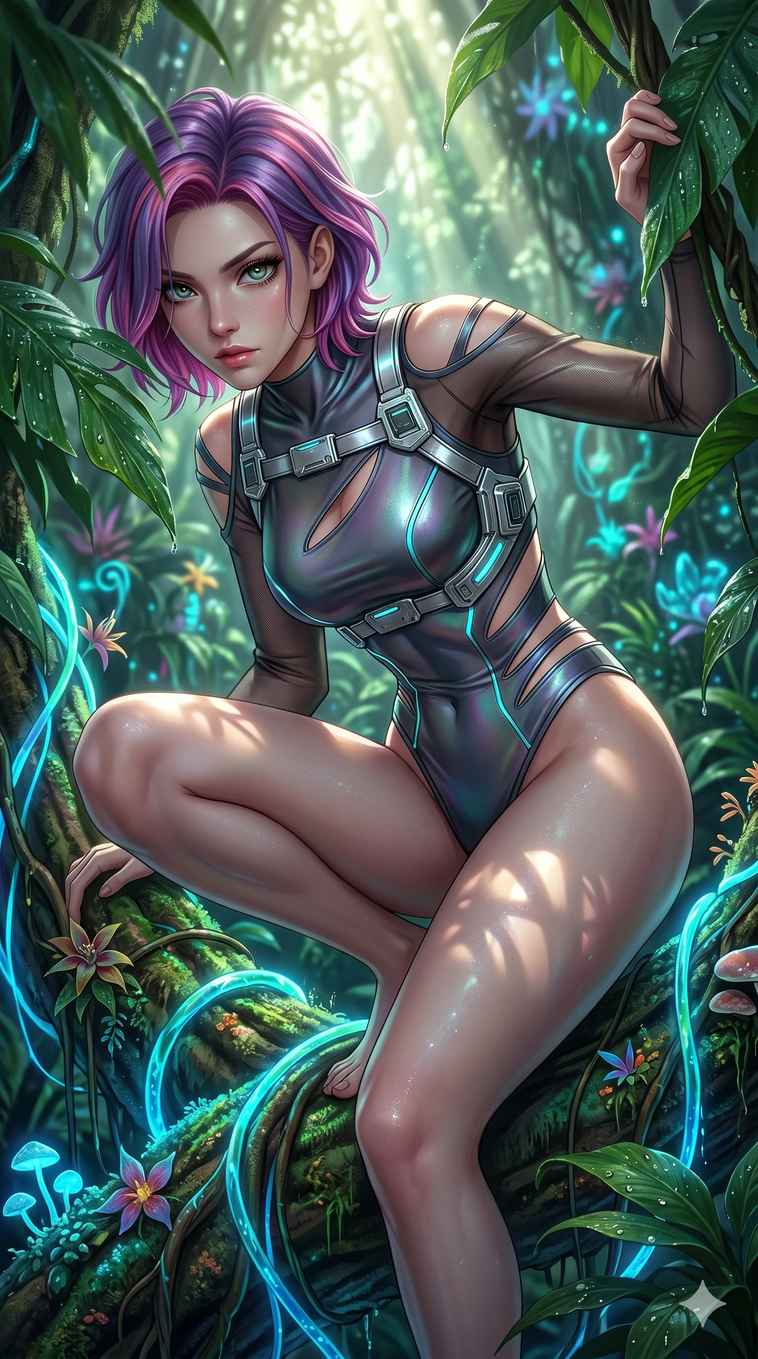 score_9, masterpiece, best quality, ultra-detailed, high-budget anime keyframe, editorial fashion photography, tasteful artistic composition, Caucasian woman, strictly human ears. Upper body close-up from the thighs up, character filling the screen for maximum presence. She is crouching dynamically on a massive bioluminescent jungle root, wrapped in glowing vines. She leans close to the camera, looking through the foliage with a piercing, animalistic gaze. She has an absolutely perfect 8-heads proportion, an exceptionally tall and slender female figure with impossibly long slender legs and an ultra-slim waist. V-shaped jawline, high-bridge nose, intricate jewel-like eyes with depth, thick eyelashes, glossy lips with a natural sheen. She is wearing an ultra-sleek high-cut tech-bodysuit featuring dangerous diagonal slitted cutouts on the midriff and shoulders, reinforced by a metallic silver harness and sheer mesh sleeves. The scene is bathed in bright sunbeams filtering through a dense canopy and glowing cyan ambient forest light. 2k, ultra detail, master piece, 9:16 ratio