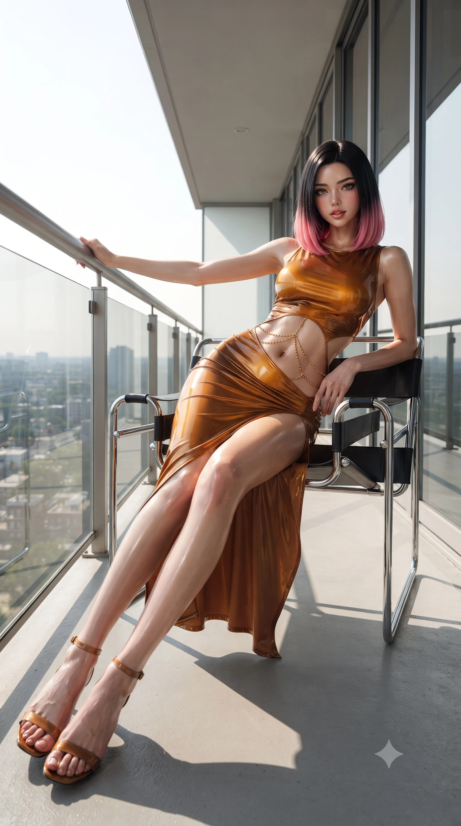 score_9, masterpiece, best quality, ultra-detailed, high-budget anime keyframe, editorial fashion photography, tasteful artistic composition, Korean woman. low angle full-body shot from head to toe showing her feet, filling the entire 9:16 vertical frame with her statuesque presence, stretching her vertical silhouette. leaning deep against the balcony balustrade with hips cocked back in an unapologetically alluring high-fashion stance, casting an intoxicating glance while lounging in an original Marcel Breuer tubular steel Wassily chair propped on one elbow, her flat midriff commanding the functionalist space. The surrounding environment is rendered in vivid detail and crisp panoramic clarity: detailed asymmetrical cutout bodice texture, dewy skin highlights, and Walter Gropius architecture in razor-sharp precision. She has an absolutely perfect, statuesque 8.5-heads proportion, an exceptionally tall and slender model-like female figure with impossibly long slender legs, an ultra-slim waist, a flat toned midriff, narrow delicate ribcage, and beautifully sculpted feminine hips creating a graceful, slim hourglass silhouette without any bulky heaviness. sharp v-shaped jawline, high-bridge nose, sparkling eyes with hypnotic seductive depth, thick curled eyelashes, glossy parted lips with a natural dewy peach sheen, alluring bedroom-eyes with an enchanting coquettish smile, exuding magnetic siren charisma and sophisticated glamour, flawlessly proportioned anatomical accuracy, strict slender model proportions, natural body alignment, perfectly sculpted long slender limbs, ultra-slim waistline, clean dynamic posture without body distortion. wearing a sculptural liquid jersey column dress with a dramatic hip-high side slit and asymmetrical cutout waist darts in warm amber honey and antique gold leaf with dark shadow gradients, crafted from wet-look high-gloss vinyl fabric with dazzling specular surface reflections, accented with a dainty gold belly chain resting across her flat midriff and curving hips, the precision-cut side openings and low-back scoop framing her graceful spine and the sensual sweep of her slim, toned hips. bathed in brilliant morning sunlight streaming through the floor-to-ceiling glass curtain wall. ultra-reflective glossy finish, specular highlights, rich textural contrasts, high-contrast stereoscopic depth, volumetric dynamic lighting, 2k, ultra detail, master piece, 9:16 ratio