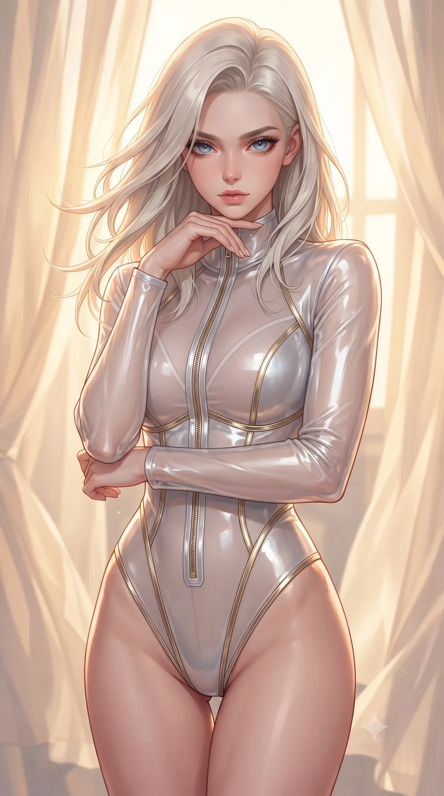score_9, masterpiece, best quality, ultra-detailed, high-budget anime keyframe, editorial fashion photography, tasteful artistic composition, Caucasian woman. close-up cowboy shot from the waist and thighs up, the character dominates the composition, filling the frame with her large presence, background elements kept in soft focus. Resting her chin on the backs of her fingers with an air of effortless superiority, navigating a windswept sanctuary filled with suspended silk curtains, high-fashion wind-swept editorial posture. She has an exceptionally elegant, slender, and willowy female figure with an ultra-slim waist, a gracefully sculpted slender torso, and a refined silhouette. sharp v-shaped jawline, high-bridge nose, intricate jewel-like eyes with depth, thick eyelashes, glossy lips with a natural sheen. wearing translucent liquid acrylic splash bodysuit with semi-opaque mesh in pearl white, made of sculpted platinum chrome, finished with metallic gold boning and sleek zipper points, sculpting her athletic slender build with refined precision. illuminated by warm golden sunlight filtering through translucent opal chiffon. highly saturated vibrant anime colors, detailed shading with soft gradients, rich glossy textures, high-contrast stereoscopic depth, volumetric dynamic lighting, master piece, 9:16 ratio