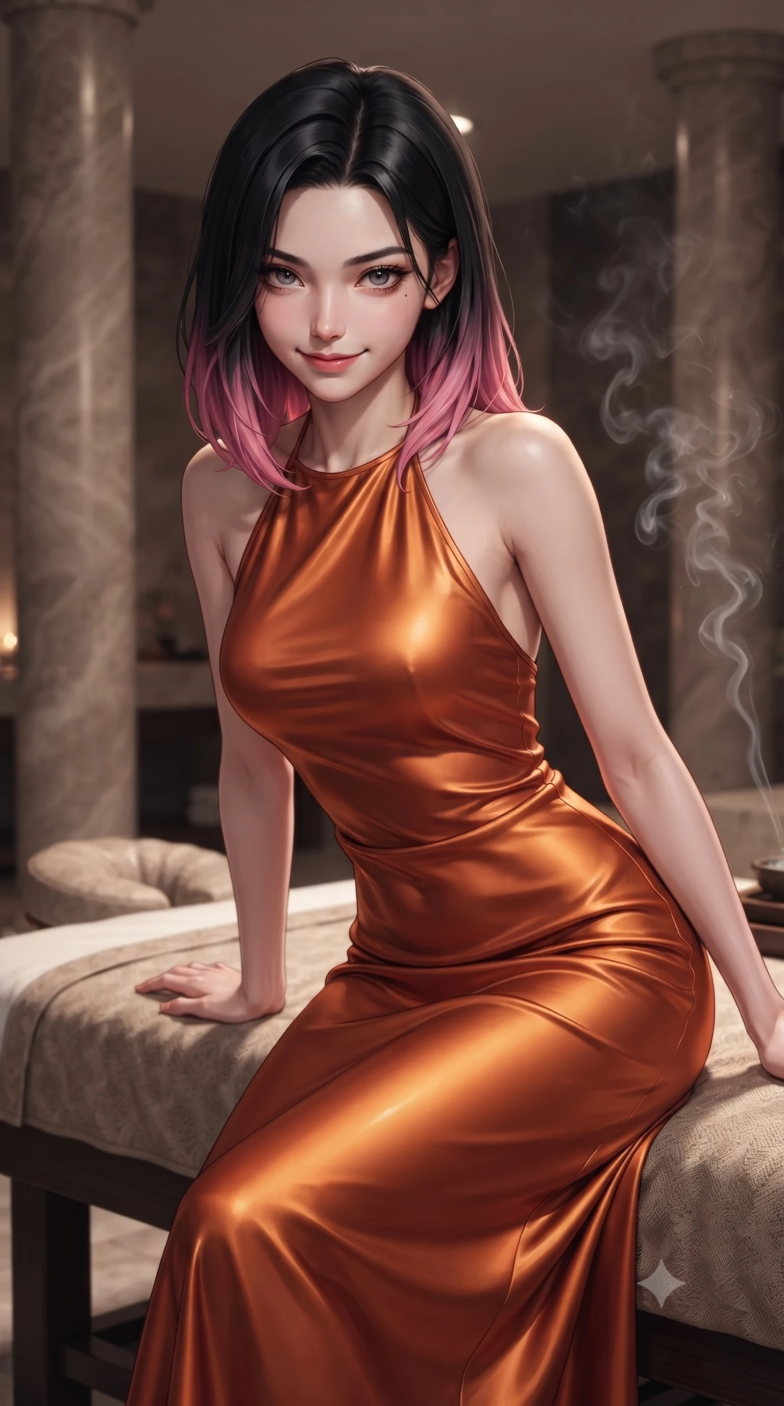 score_9, masterpiece, best quality, ultra-detailed, high-budget anime keyframe, editorial fashion photography, tasteful artistic composition, Korean woman woman. close-up cowboy shot from the waist and thighs up, the character dominates the composition, filling the frame with her large presence, background elements kept in soft focus. leaning slightly forward with a playful, teasing smile, her gaze locked onto the viewer the background shows a soft-focus a private spa suite with a massage table, stone pillars, and soft incense smoke rising. She has an exceptionally elegant, slender, and willowy female figure with an ultra-slim waist, a gracefully sculpted slender torso, and a refined silhouette. sharp v-shaped jawline, high-bridge nose, intricate jewel-like eyes with depth, thick eyelashes, glossy lips with a natural sheen. wearing a slim-fit form-fitting liquid silk halter-neck maxi dress in sunset orange, draped elegantly to highlight her slender frame. low-contrast, soft warm ambient uplight casting a peaceful glow. ultra-reflective glossy finish, specular highlights, metallic sheen, high-contrast stereoscopic depth, volumetric dynamic lighting, 2k, ultra detail, master piece, 9:16 ratio