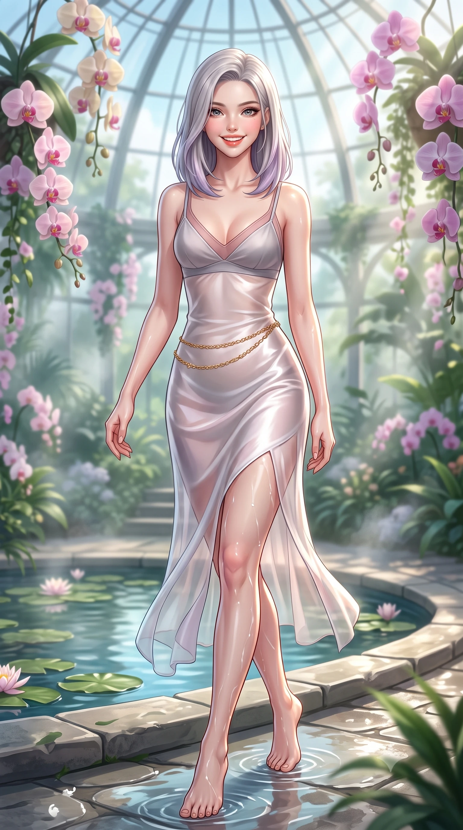 score_9, masterpiece, best quality, ultra-detailed, high-budget anime keyframe, semi-realistic 3D game render, editorial fashion photography, tasteful artistic composition, Caucasian woman. low angle full-body shot from head to toe showing her feet, filling the entire 9:16 vertical frame with her statuesque presence, stretching her vertical silhouette. stepping forward gracefully in mid-motion with a radiant beaming smile, hips swaying in an alluring kinetic rhythm that accentuates her curvy hourglass silhouette and long slender legs while wading lightly beside a tranquil stone lily pond with one knee bent, water caustics tracing her feminine hips and long slender legs. The composition keeps background elements in soft focus with dreamy creamy bokeh. cascading flowering orchids and misty water vapors softened in romantic botanical shallow focus. She has an exceptionally tall and slender model-like 8.5-heads proportion, an ultra-slim waist, a flat toned midriff, narrow delicate ribcage, and beautifully sculpted feminine hips creating a graceful, slim hourglass silhouette without any bulky heaviness, with impossibly long slender legs. sharp v-shaped jawline, high-bridge nose, intricate jewel-like sparkling eyes with depth, thick eyelashes, glossy parted lips with a natural peach sheen, bright cheerful beaming smile with an enchanting and coquettish sensual glint, exuding both youthful cute charm and seductive allure, flawlessly proportioned anatomical accuracy, strict slender model proportions, natural body alignment, perfectly sculpted long slender limbs, ultra-slim waistline, clean dynamic posture without body distortion. wearing a delicate semi-sheer chiffon sun-slip dress layered over a matching pastel bralette, hugging her slender waist and hips in dusty rose and soft dove grey, made of smooth fluid silk satin with a delicate pearlescent sheen, accented with a delicate gold chain belt resting loosely on her curvy hips, the liquid-tight tailored fabric clinging flawlessly to her narrow waist and rounded feminine hips, emphasizing every millimeter of her sculpted slim hourglass curves without any bulky heaviness. bathed in fresh botanical sunbeams filtering through the soaring glass dome. highly saturated vibrant anime colors, detailed shading with soft gradients, rich glossy textures, high-contrast stereoscopic depth, volumetric dynamic lighting, master piece, 9:16 ratio