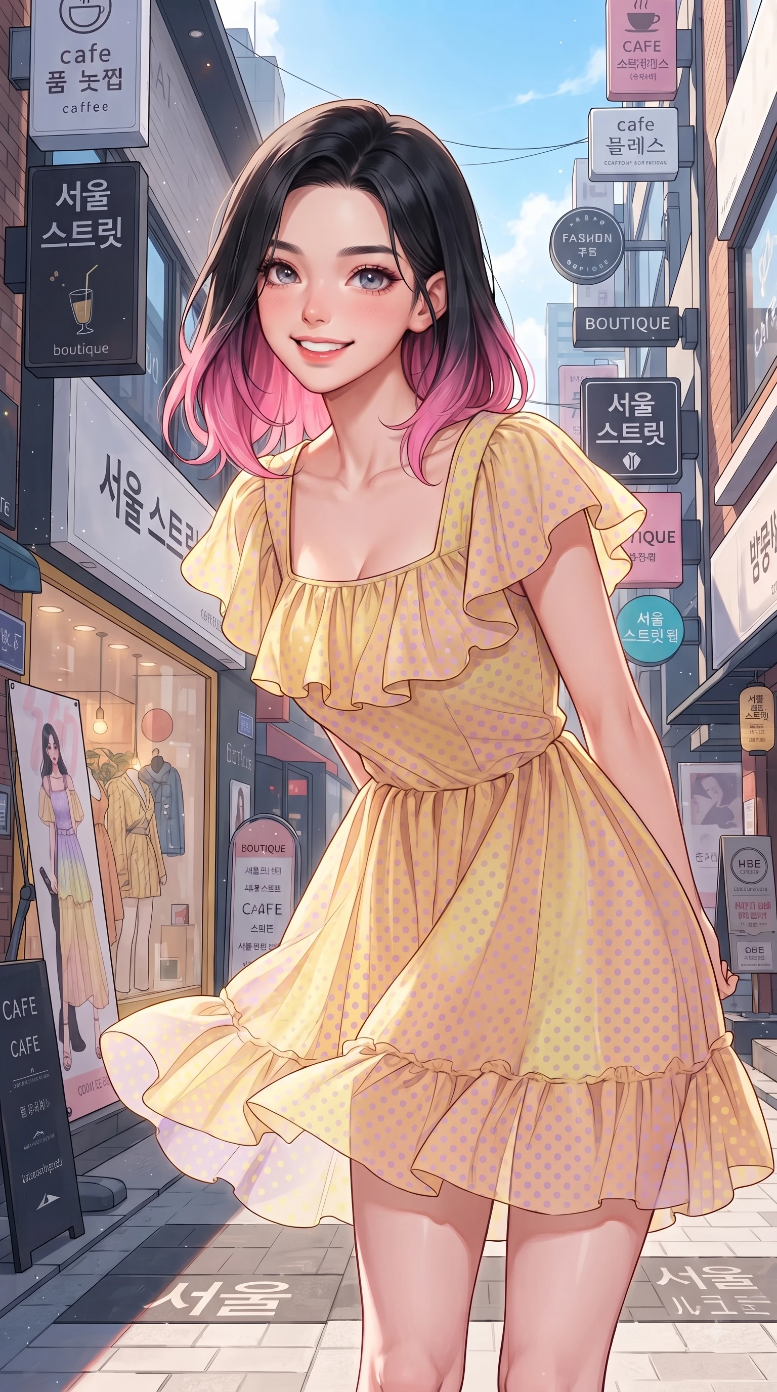 score_9, masterpiece, best quality, ultra-detailed, high-budget anime keyframe, editorial fashion photography, tasteful artistic composition, Korean woman. close-up cowboy shot from the waist and thighs up, the character dominates the composition, filling the frame with her large presence. Cheerful beaming smile with sparkling eyes and a fresh girlhood aura, leaning forward with playful grace while pausing gracefully near a stylish street art mural on a sunny afternoon with a confident cute smile. The surrounding environment is rendered in vivid detail and crisp panoramic clarity. intricate fashion window displays, trendy signage, and urban street textures in deep focus. She has an exceptionally elegant, slender, and willowy female figure with an ultra-slim waist, a gracefully sculpted slender torso, and a refined silhouette. sharp v-shaped jawline, high-bridge nose, intricate jewel-like eyes with depth, thick eyelashes, glossy lips with a natural sheen, flawlessly proportioned anatomical accuracy, natural body alignment, perfectly sculpted elegant limbs, clean dynamic posture without body distortion. wearing a bright apricot ruffled sundress with a subtle polka-dot pattern in soft lemon yellow and lavender violet, made of fine lightweight chiffon that flutters gently in the breeze, featuring elegant flutter sleeves and a graceful square neckline, the tailored casual silhouette highlighting her fresh and youthful presence. illuminated by crisp clear afternoon key light and vibrant street highlights. ultra-reflective glossy finish, specular highlights, metallic sheen, high-contrast stereoscopic depth, volumetric dynamic lighting, 2k, ultra detail, master piece, 9:16 ratio