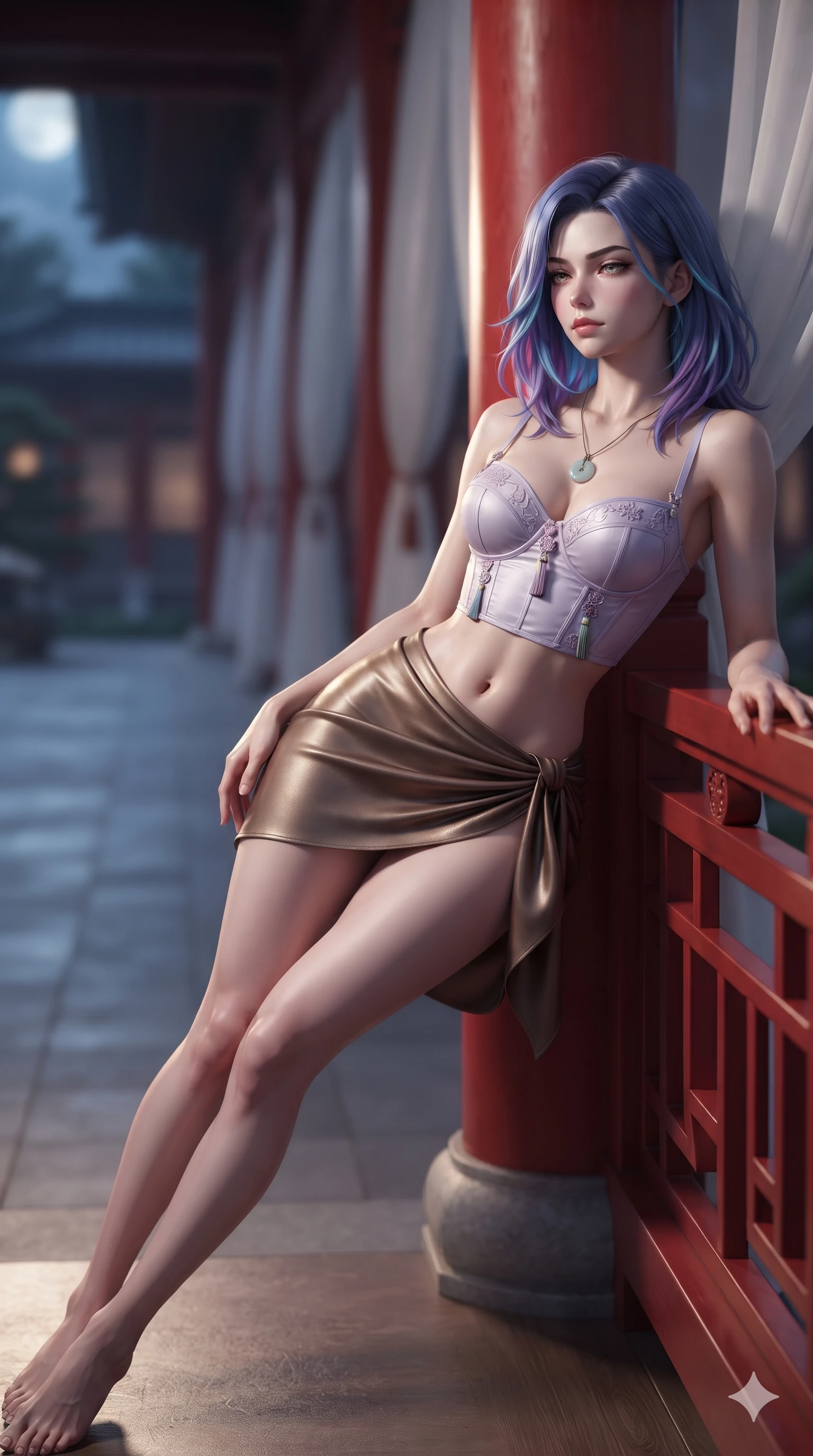 score_9, masterpiece, best quality, ultra-detailed, high-budget anime keyframe, editorial fashion photography, tasteful artistic composition, Caucasian woman. low angle full-body shot from head to toe showing her feet, filling the entire 9:16 vertical frame with her statuesque presence, stretching her vertical silhouette. reclining on her side in an elegant Cleopatra pose with one knee drawn up, the dramatic contour of her rounded hips and long slender legs commanding the 9:16 vertical frame while leaning against the red lacquer railing with hips cocked back, looking out into the palace gardens with heavy-lidded bedroom-eyes. The background shows a soft-focus endless perspective of red lacquer pillars, fluttering white silk gauze curtains, and moonlit courtyards blurred into vermilion, pure white, and slate bokeh. She has an absolutely perfect, statuesque 8.5-heads proportion, an exceptionally tall and slender model-like female figure with impossibly long slender legs, an ultra-slim waist, a flat toned midriff, narrow delicate ribcage, and beautifully sculpted feminine hips creating a graceful, slim hourglass silhouette without any bulky heaviness. sharp v-shaped jawline, high-bridge nose, sparkling eyes with hypnotic seductive depth, thick curled eyelashes, glossy parted lips with a natural dewy peach sheen, alluring bedroom-eyes with an enchanting coquettish smile, exuding magnetic siren charisma and sophisticated glamour, flawlessly proportioned anatomical accuracy, strict slender model proportions, natural body alignment, perfectly sculpted long slender limbs, ultra-slim waistline, clean dynamic posture without body distortion. wearing a structured underwire silk bustier top with norigae accents paired with a high-cut draped sarong mini wrap in vintage bronze patina and pale wisteria lilac, made of supple butter-soft lambskin leather with a subtle satin sheen, finished with a minimalist celadon porcelain pendant on a fine silk cord, the form-fitting cut adhering flawlessly to her sculpted flat midriff and slender torso, emphasizing her long leg lines and perfectly proportioned willowy build. illuminated by timber floor bounce and sharp silver-vermilion rim lights defining her razor-sharp jawline, narrow waist, and curvy hips. ultra-reflective glossy finish, specular highlights, rich textural contrasts, high-contrast stereoscopic depth, volumetric dynamic lighting, 2k, ultra detail, master piece, 9:16 ratio