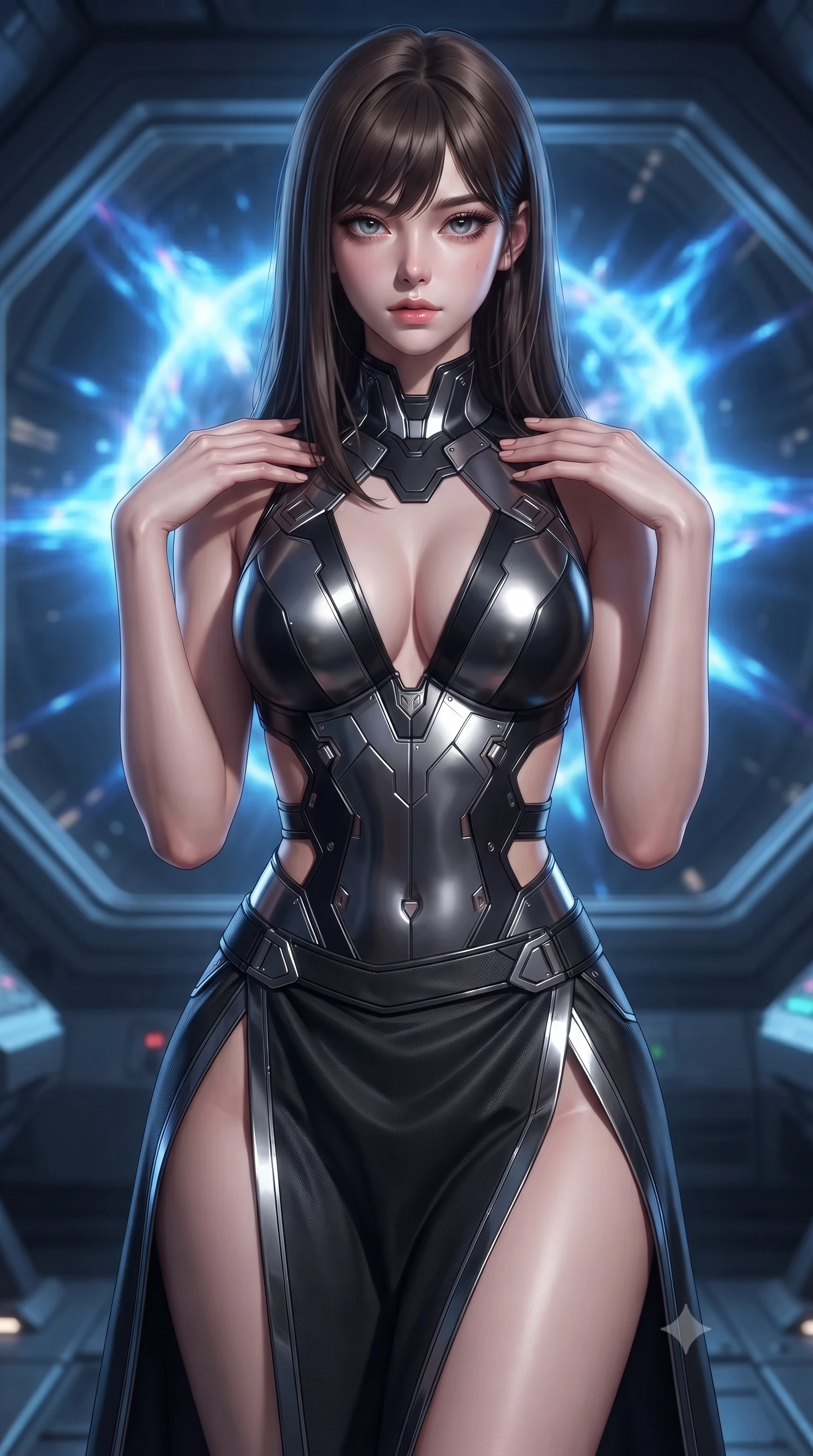 score_9, masterpiece, best quality, ultra-detailed, high-budget anime keyframe, editorial fashion photography, tasteful artistic composition, Korean woman. close-up cowboy shot from the waist and thighs up, the character dominates the composition, filling the frame with her large presence, background elements kept in soft focus. standing in a relaxed, elegant posture with both hands resting lightly on her collarbone, looking at the viewer with bedroom-eyes, the background shows a soft-focus a spaceship engine room viewing deck facing a pulsating gravity core. She has an exceptionally elegant, slender, and willowy female figure with an ultra-slim waist, a gracefully sculpted slender torso, and a refined silhouette. sharp v-shaped jawline, high-bridge nose, intricate jewel-like eyes with depth, thick eyelashes, glossy lips with a natural sheen. wearing a body-hugging deep plunging-V neck bodycon armor top, featuring keyhole cutouts along the ribs and a thigh-slit wrap skirt. shifting blue plasma flares from the core casting high-contrast chiaroscuro shadows. ultra-reflective glossy finish, specular highlights, metallic sheen, high-contrast stereoscopic depth, volumetric dynamic lighting, 2k, ultra detail, master piece, 9:16 ratio