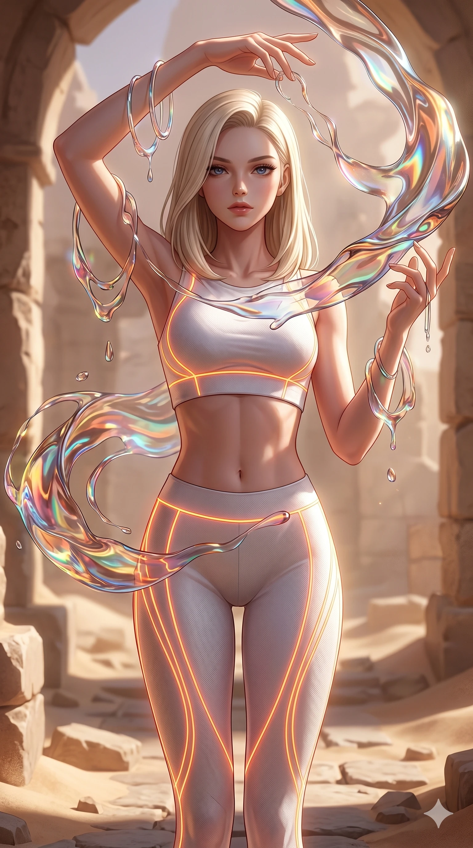 score_9, masterpiece, best quality, ultra-detailed, high-budget anime keyframe, Caucasian woman, strictly human ears. upper body close-up from the thighs up, character filling the screen for maximum presence. interacting with liquid stained-glass that melts and swirls in mid-air inside a crumbling desert ruin, the fluid jewelry floating in suspension. She has an absolutely perfect 8-heads proportion, an exceptionally tall and slender female figure with impossibly long slender legs and an ultra-slim waist. V-shaped jawline, high-bridge nose, intricate jewel-like eyes with depth, thick eyelashes, glossy lips with a natural sheen.. wearing a neon filament athleisure set, featuring a tight white crop top and matching leggings woven with glowing orange neon filaments, highlighting her slender body contour. lit by a soft glowing ambient light and a sharp side key light that traces the sleek contours of her athletic build. 2k, ultra detail, master piece, 9:16 ratio