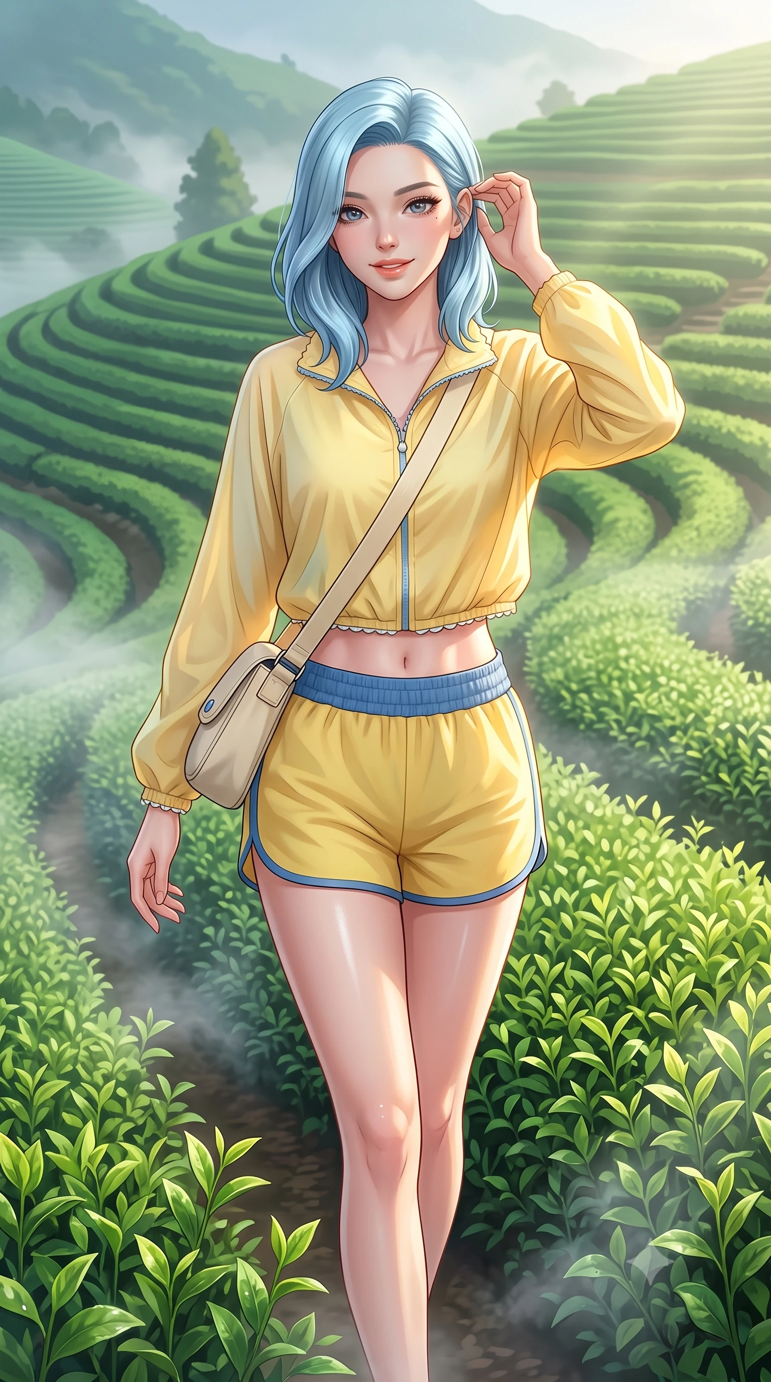 score_9, masterpiece, best quality, ultra-detailed, high-budget anime keyframe, semi-realistic 3D game render, editorial fashion photography, tasteful artistic composition, Korean woman. close-up cowboy shot from the waist and thighs up, the character dominates the composition, filling the frame with her large presence. tilting her head with a cute, youthful grin while brushing a stray strand of hair behind her ear with slender fingers while walking gracefully along terraced emerald green tea rows as gentle morning mist swirls around her steps. The surrounding environment is rendered in vivid detail and crisp panoramic clarity. crisp morning chiaroscuro and tranquil hillside plantation geometry captured with environmental elegance. She has an exceptionally elegant, slender, and willowy female figure with an ultra-slim waist, a gracefully sculpted slender torso, toned flat midriff, and a refined slim silhouette. sharp v-shaped jawline, high-bridge nose, intricate jewel-like eyes with depth, thick eyelashes, glossy lips with a natural sheen, pure and lovely fresh girlhood expression, flawlessly proportioned anatomical accuracy, strict slender model proportions, natural body alignment, perfectly sculpted long slender limbs, ultra-slim waistline, clean dynamic posture without body distortion. wearing a cute sporty pastel windbreaker paired with high-waisted active shorts and a canvas crossbody bag in sunny daffodil yellow and french blue, made of fine lightweight chiffon with a soft fluid drape, finished with delicate scallop trims and tiny pearl buttons, the chic real-way fashion cut emphasizing her effortless charm, flat midriff, and slender model proportions. illuminated by gentle morning sunbeams casting a warm, dewy glow on her skin and attire. highly saturated vibrant anime colors, detailed shading with soft gradients, rich glossy textures, high-contrast stereoscopic depth, volumetric dynamic lighting, master piece, 9:16 ratio