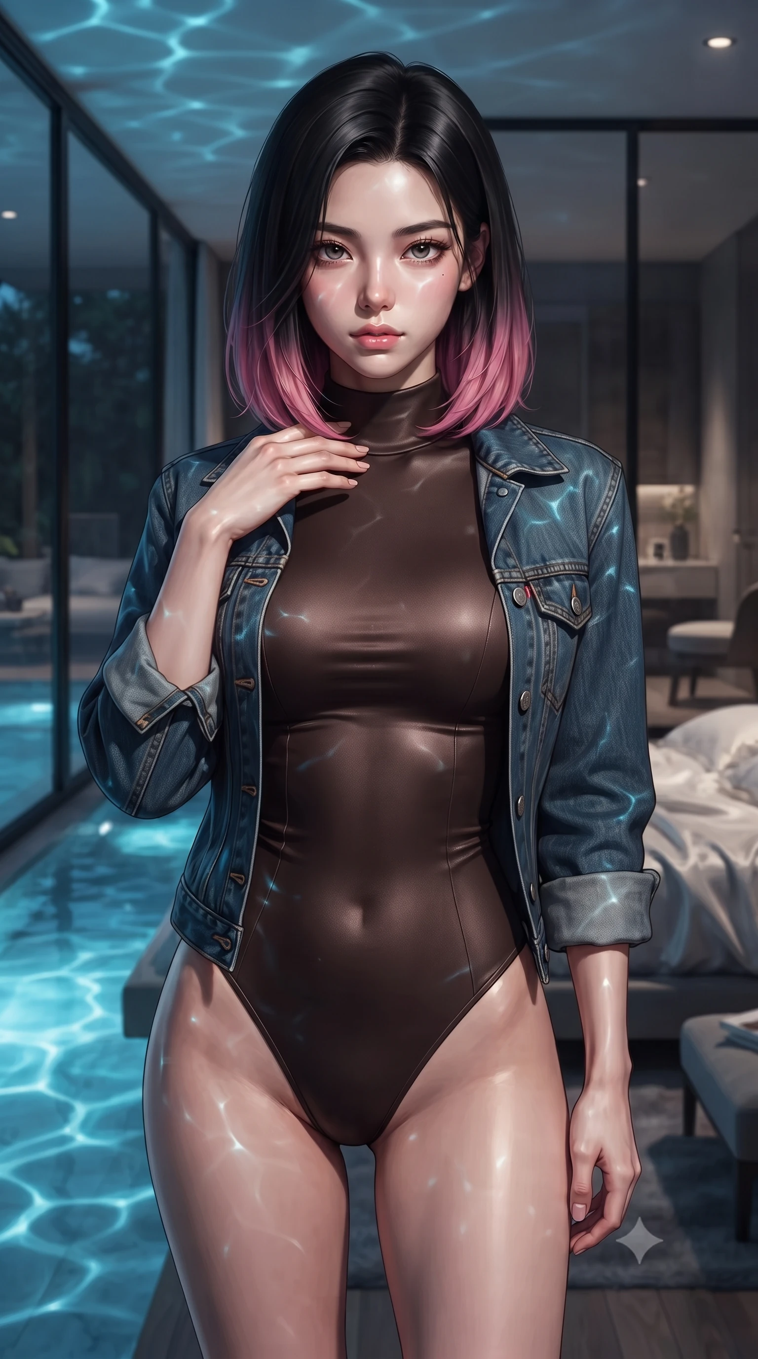 score_9, masterpiece, best quality, ultra-detailed, high-budget anime keyframe, editorial fashion photography, tasteful artistic composition, Korean woman woman. close-up cowboy shot from the waist and thighs up, the character dominates the composition, filling the frame with her large presence, background elements kept in soft focus. standing with one hand resting on her collarbone, looking at the viewer with bedroom-eyes the background shows a soft-focus a luxury villa bedroom with glass walls looking directly into a quiet private swimming pool. She has an exceptionally elegant, slender, and willowy female figure with an ultra-slim waist, a gracefully sculpted slender torso, and a refined silhouette. sharp v-shaped jawline, high-bridge nose, intricate jewel-like eyes with depth, thick eyelashes, glossy lips with a natural sheen. wearing a body-hugging form-contouring high-neck bodysuit in dark brown, worn under a tailored open denim jacket. shifting aqua light reflections from the pool water mapping across her features. ultra-reflective glossy finish, specular highlights, metallic sheen, high-contrast stereoscopic depth, volumetric dynamic lighting, 2k, ultra detail, master piece, 9:16 ratio