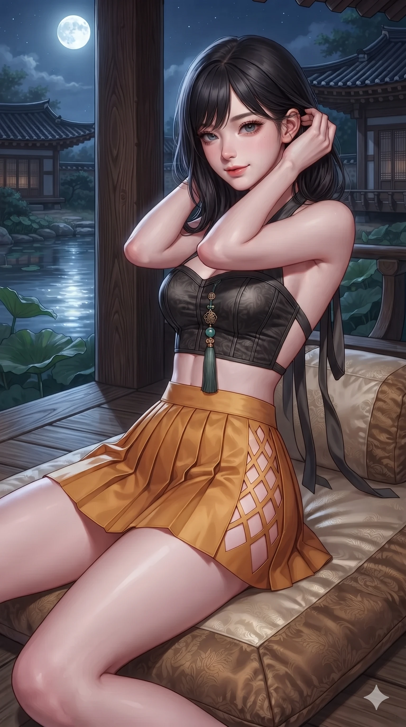 score_9, masterpiece, best quality, ultra-detailed, high-budget anime keyframe, editorial fashion photography, tasteful artistic composition, Korean woman. close-up cowboy shot from the waist and thighs up, the character dominates the composition, filling the frame with her large presence. gently brushing a lock of silk hair behind her ear while casting a playful, flirtatious side-gaze with long eyelashes while lounging languidly on an antique silk floor cushion propped on one elbow, her flat midriff and long slender legs commanding the moonlit pavilion vista. The surrounding environment is rendered in vivid detail and crisp panoramic clarity: sharp carved wood grain texture, water ripple reflections of the full moon, and crisp lotus leaf veins in deep focus. She has an exceptionally elegant, slender, and willowy female figure with an ultra-slim waist, flat toned midriff, narrow ribcage, and sculpted feminine hips creating an alluring, slim hourglass silhouette without bulk. sharp v-shaped jawline, high-bridge nose, sparkling eyes with hypnotic seductive depth, thick curled eyelashes, glossy parted lips with a natural dewy peach sheen, alluring bedroom-eyes with an enchanting coquettish smile, exuding magnetic siren charisma and sophisticated glamour, flawlessly proportioned anatomical accuracy, strict slender model proportions, natural body alignment, perfectly sculpted long slender limbs, ultra-slim waistline, clean dynamic posture without body distortion. wearing a modern boned hanbok bustier top with norigae tassel paired with an ultra-short micro-pleated silk wrap mini skirt in smoked agarwood charcoal and warm honey amber, adorned with laser-cut diamond side panels revealing teasing glimpses of bare skin, finished with long silk ribbon ties fluttering down her bare spine from a backless halter, the liquid-tight tailored fabric clinging flawlessly to her narrow waist and rounded feminine hips, emphasizing every millimeter of her sculpted slim hourglass curves without any bulky heaviness. bathed in pure silver moonlight cascading directly from the harvest full moon above. ultra-reflective glossy finish, specular highlights, rich textural contrasts, high-contrast stereoscopic depth, volumetric dynamic lighting, 2k, ultra detail, master piece, 9:16 ratio
