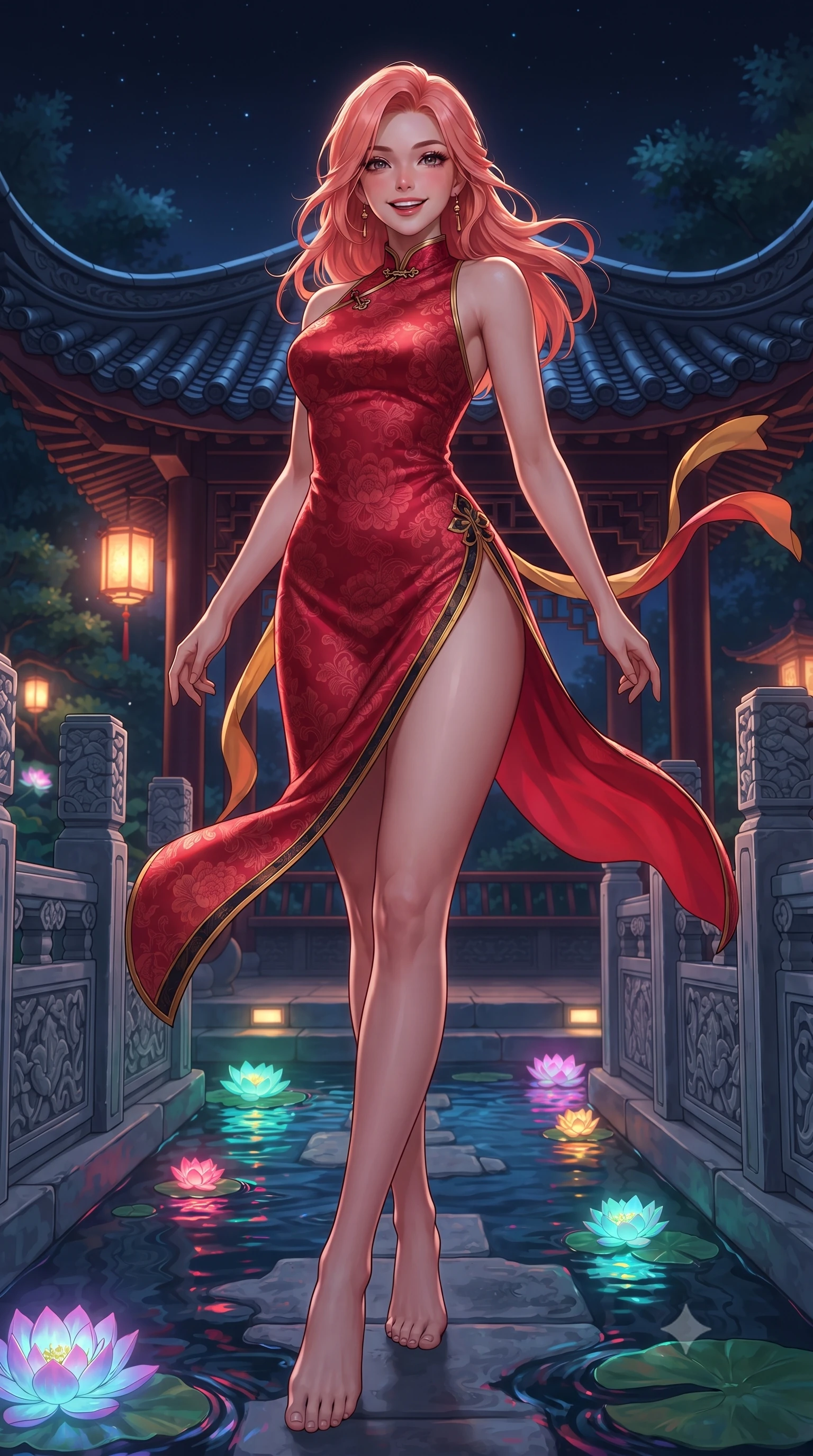 score_9, masterpiece, best quality, ultra-detailed, high-budget anime keyframe, editorial fashion photography, tasteful artistic composition, Japanese woman. low angle full-body shot from head to toe showing her feet, filling the entire 9:16 vertical frame with her statuesque presence, stretching her vertical silhouette. stepping forward gracefully across the stone bridge in mid-motion with a radiant beaming smile, hips swaying in an alluring kinetic rhythm that accentuates her curvy hourglass silhouette and long slender legs while twisting her slender torso in an alluring S-curve, glowing neon water lilies and traditional lanterns casting colorful reflections across her hips. The surrounding environment is rendered in vivid detail and crisp panoramic clarity: sharp carved stone balustrade relief, upturned roof ceramic tile edges, and water ripple clarity in deep focus. She has an absolutely perfect, statuesque 8.5-heads proportion, an exceptionally tall and slender model-like female figure with impossibly long slender legs, an ultra-slim waist, a flat toned midriff, narrow delicate ribcage, and beautifully sculpted feminine hips creating a graceful, slim hourglass silhouette without any bulky heaviness. sharp v-shaped jawline, high-bridge nose, intricate jewel-like dark sparkling almond eyes with depth, thick lashes, glossy parted lips with a natural rose-plum sheen, bright alluring and coquettish smile with bedroom-eyes, exuding both timeless oriental elegance and sovereign high-fashion allure, flawlessly proportioned anatomical accuracy, strict slender model proportions, natural body alignment, perfectly sculpted long slender limbs, ultra-slim waistline, clean dynamic posture without body distortion. wearing a backless crimson silk slip dress with oriental peony jacquard and a side hip slit ascending to the high waist in antique saffron gold and ebony black, tailored from smooth celadon raw silk with natural organic slub texture, accented with flowing gossamer silk ribbons that flutter dynamically in the evening breeze, the liquid-tight tailored silk fabric clinging flawlessly to her narrow waist and rounded feminine hips, emphasizing every millimeter of her sculpted slim hourglass curves without any bulky heaviness. illuminated by pavilion floor light panels and sharp gold rim lights defining her razor-sharp jawline, narrow waist, and curvy hips. ultra-reflective glossy finish, specular highlights, rich textural contrasts, high-contrast stereoscopic depth, volumetric dynamic lighting, 2k, ultra detail, master piece, 9:16 ratio