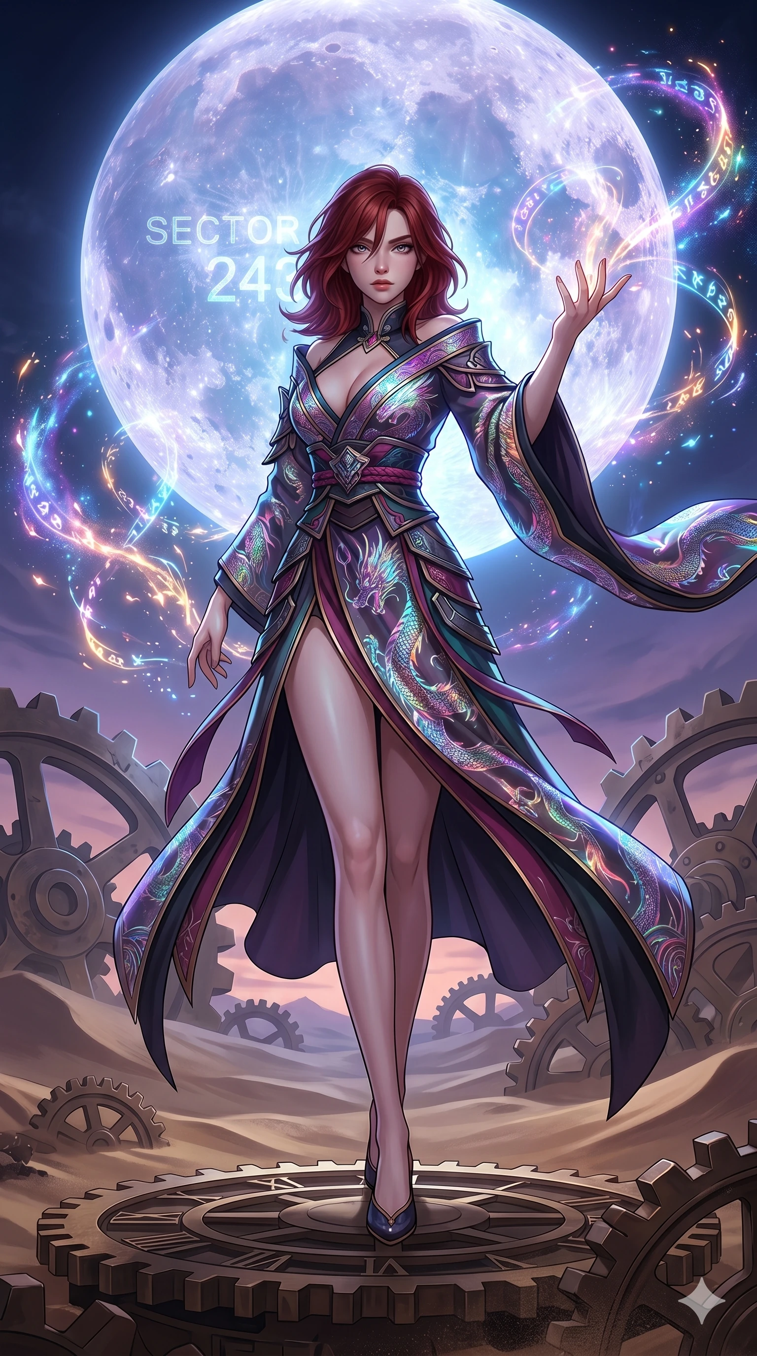 score_9, masterpiece, best quality, ultra-detailed, Set A: High-budget Anime Keyframe, Japanese woman. Low angle cowboy shot filling the entire 9:16 frame with her statuesque presence. Casting a spell through a clockwork desert, with a massive holographic moon rising behind her marked as sector 243 and surrounded by glowing energy sparks. She has an absolutely perfect 8-heads proportion, an exceptionally tall and slender female figure with impossibly long slender legs and an ultra-slim waist. Sharp v-shaped jawline, high-bridge nose, intricate jewel-like eyes with depth, thick eyelashes, glossy lips with a natural sheen. Wearing Traditional fusion robe with a deep V-cut and holographic dragon embroidery. Cinematic lighting, vibrant colors, dramatic shadows, 2k, ultra detail, master piece, 9:16 ratio