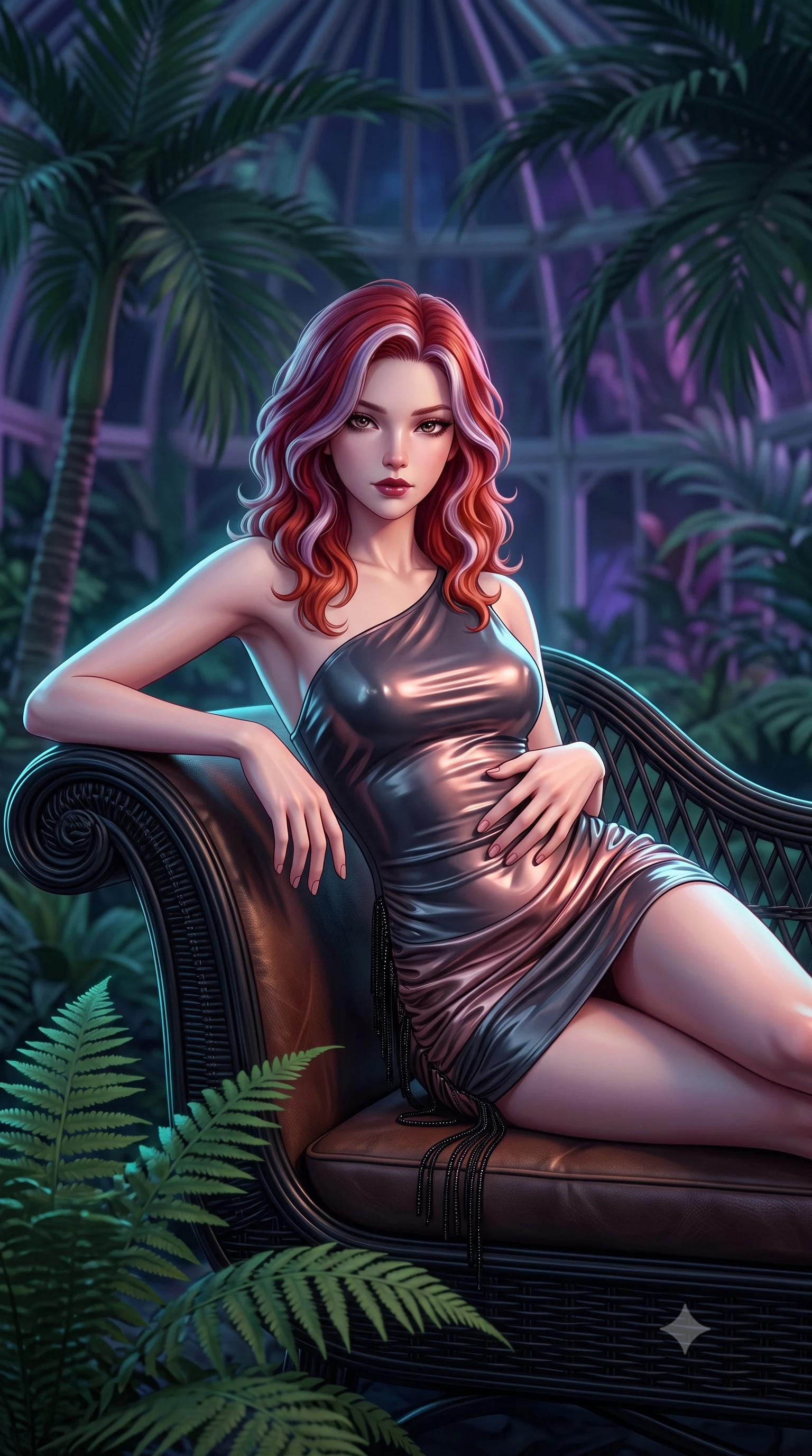 score_9, masterpiece, best quality, ultra-detailed, high-budget anime keyframe, semi-realistic 3D game render, editorial fashion photography, tasteful artistic composition, Caucasian woman. close-up cowboy shot from the waist and thighs up, the character dominates the composition, filling the frame with her large presence. leaning back against the leather lounge with relaxed seductive grace, one hand resting on her flat midriff as her narrow waist and curvy hips command the frame while sitting on a curved vintage black wicker lounger amidst giant prehistoric ferns, arching her back with an intoxicating, alluring expression. The composition keeps background elements in soft focus with dreamy creamy bokeh. soaring Victorian glass conservatory ribs and towering tropical palms backlit by midnight neon blurred into deep jade, violet, and sapphire bokeh. She has an exceptionally elegant, slender, and willowy female figure with an ultra-slim waist, flat toned midriff, narrow ribcage, and sculpted feminine hips creating an alluring, slim hourglass silhouette without bulk. sharp v-shaped jawline, high-bridge nose, intricate jewel-like dark sparkling eyes with dangerous depth, thick curled eyelashes, glossy parted lips with a rich wine sheen, smoldering seductive half-smile with bedroom-eyes, exuding effortless superiority and intoxicating dark allure, flawlessly proportioned anatomical accuracy, strict slender model proportions, natural body alignment, perfectly sculpted long slender limbs, ultra-slim waistline, clean dynamic posture without body distortion. wearing a liquid-look vinyl mini dress with an asymmetric neckline and hip-defining side ruching in smoky charcoal slate and molten rose gold, made of supple butter-soft lambskin leather with a subtle satin sheen, accented with fine jet-black beaded tassels that sway with each movement, the high-waisted tailoring accentuating her ultra-slim waistline and the enchanting curve of her feminine hips with alluring dark charm. illuminated by soft warm pathway lantern fill and sharp cyan rim light defining her sculpted clavicle, narrow waist, and curvy hips. highly saturated vibrant anime colors, detailed shading with soft gradients, rich glossy textures, high-contrast stereoscopic depth, volumetric dynamic lighting, master piece, 9:16 ratio