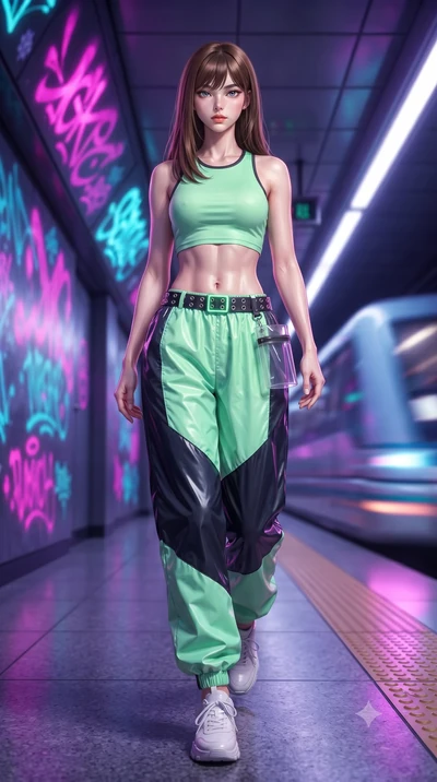 score_9, masterpiece, best quality, ultra-detailed, high-budget anime keyframe, editorial fashion photography, tasteful artistic composition, Korean woman. low angle full-body shot from head to toe showing her feet, filling the entire 9:16 vertical f