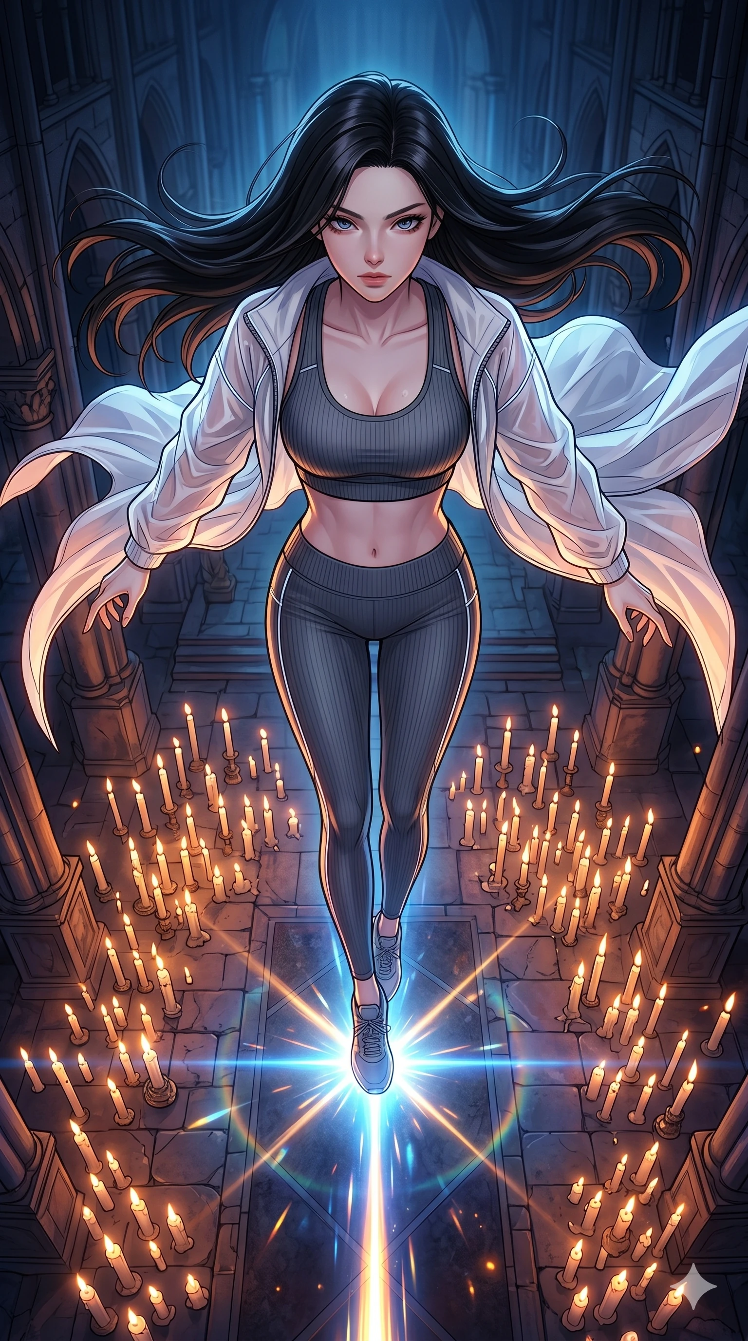 score_9, masterpiece, best quality, ultra-detailed, high-budget anime movie keyframe, cinematic anime lighting, intricate line art, Korean anime girl. Extreme high angle shot as she leaps towards the camera, filling the frame. manipulating the light of a thousand candles to form a laser. She has an absolutely perfect 8-heads proportion, an exceptionally tall and slender female figure with an ultra-slim waist and impossibly long slender legs. strictly human anatomy, two legs only, no extra limbs, clearly defined legs and arms, perfect anatomy, perfect hands and fingers. sharp v-shaped jawline, high-bridge nose, intricate jewel-like eyes, thick eyelashes, glossy lips. Wearing Premium Athleisure: Ribbed sports bra and leggings set, sheer windbreaker, and sleek high-performance activewear. The scene is illuminated by dramatic atmospheric lighting and vibrant color palettes. , 2k, ultra detail, master piece, 9:16 ratio