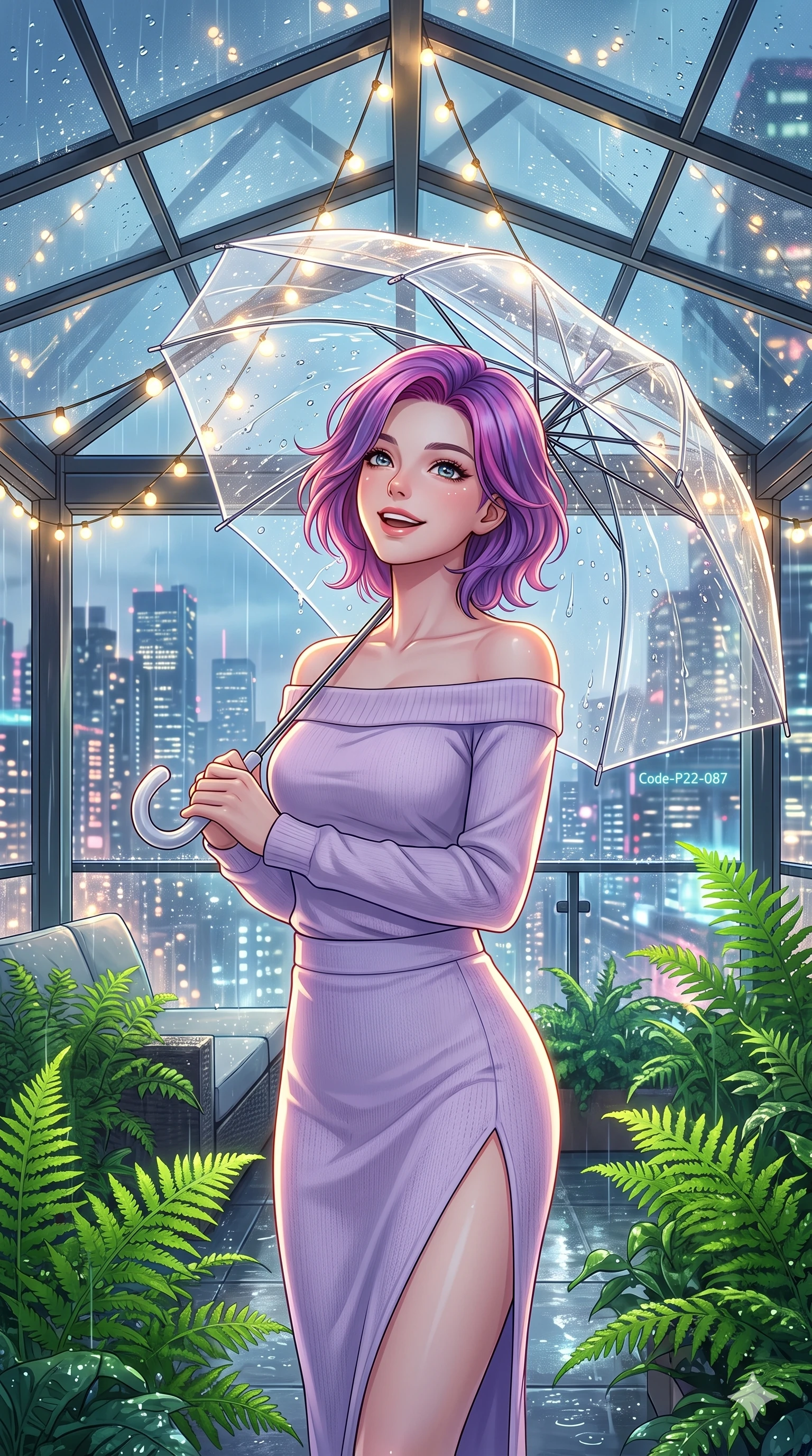 score_9, masterpiece, best quality, ultra-detailed, high-budget anime keyframe, vibrant anime aesthetic, Caucasian woman, strictly human ears. close-up cowboy shot from the waist and thighs up, the character dominates the composition, filling the frame with her large presence, background elements kept in soft focus. She is holding a clear umbrella, looking up with a bright, joyful expression, gazing warmly at the viewer standing amidst vibrant green ferns. standing on a rain-swept rooftop lounge under a glass pavilion, looking at the glowing city skyline (Code-P22-087). She has an absolutely perfect proportion, an exceptionally elegant and slender female figure with an ultra-slim waist. V-shaped jawline, high-bridge nose, intricate jewel-like eyes with depth, thick eyelashes, glossy lips with a natural sheen. wearing an off-shoulder long-sleeve shirt and a high-slit knit skirt in pastel lavender. She is lit by warm, glowing fairy lights strung across the glass conservatory roof, casting clean highlights that trace her slim waist inside the glass pavilion. 2k, ultra detail, master piece, 9:16 ratio