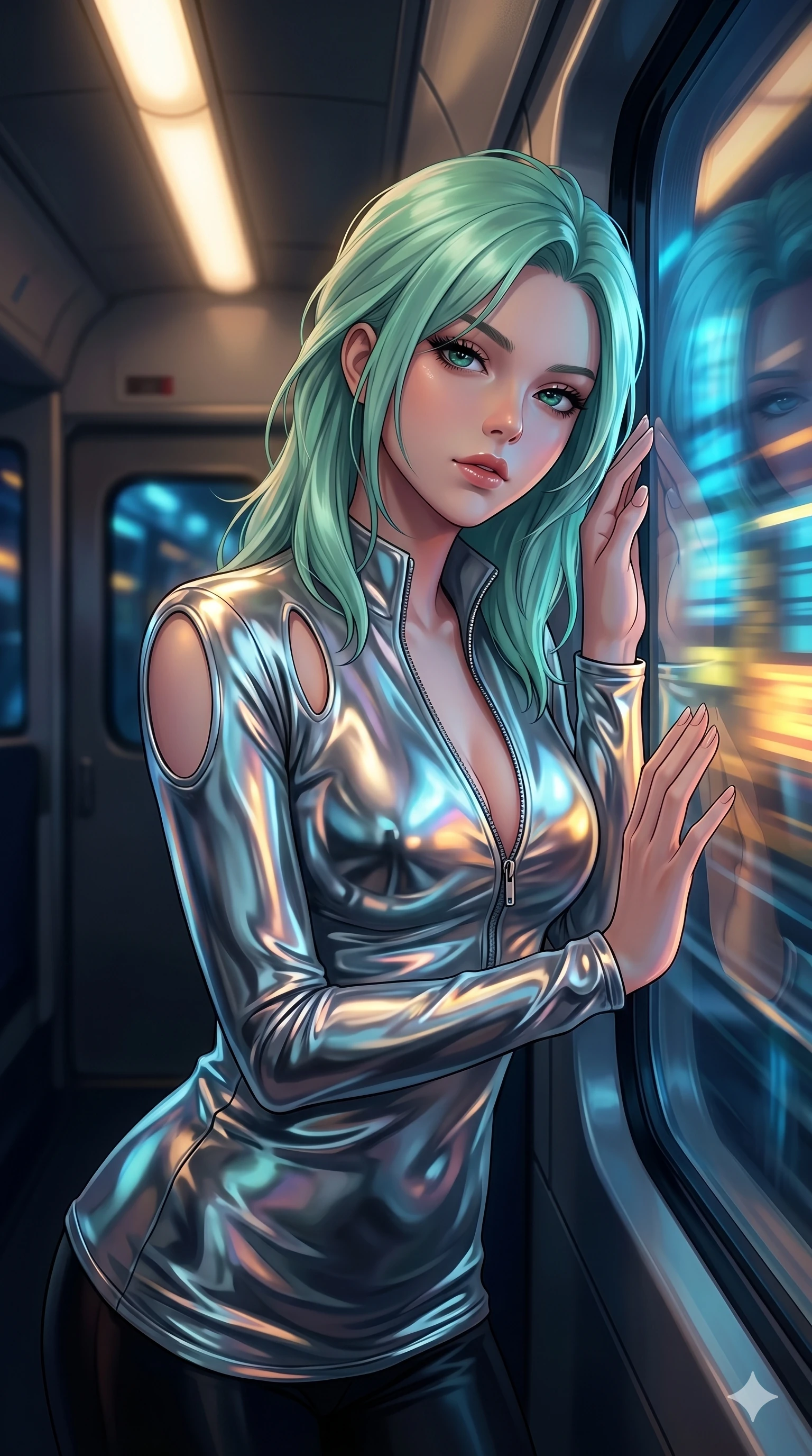 score_9, masterpiece, best quality, ultra-detailed, high-budget anime keyframe, Japanese woman. Upper body close-up from the thighs up, character filling the screen for maximum presence. She is leaning against a train window in a speeding magnetic train, with city neon lights blurring outside. She turns her face to the camera with a sultry, contemplative expression. She has an absolutely perfect 8-heads proportion, an exceptionally tall and slender female figure with impossibly long slender legs and an ultra-slim waist. V-shaped jawline, high-bridge nose, intricate jewel-like eyes with depth, thick eyelashes, glossy lips with a natural sheen. She is wearing a form-fitting top made of molten liquid-mercury fabric that clings to her curves, with strategic tear-drop shoulder cutouts and a dangerously unzipped front collar. The scene is bathed in passing yellow and blue city lights and a soft glowing interior ceiling light. 2k, ultra detail, master piece, 9:16 ratio