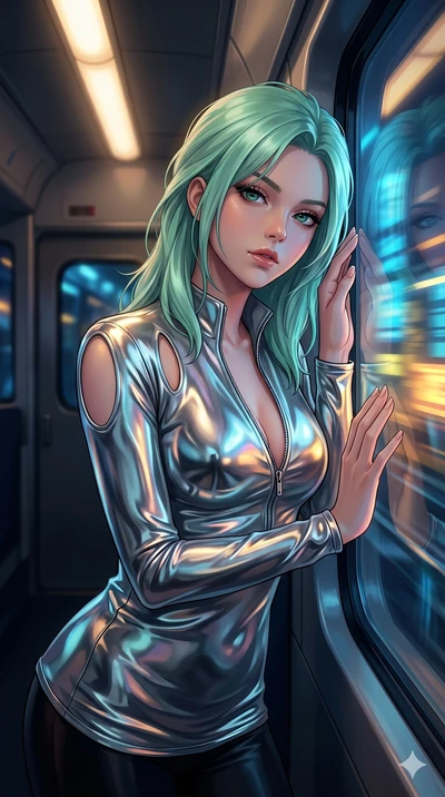 score_9, masterpiece, best quality, ultra-detailed, high-budget anime keyframe, Japanese woman. Upper body close-up from the thighs up, character filling the screen for maximum presence. She is leaning against a train window in a speeding magnetic tr