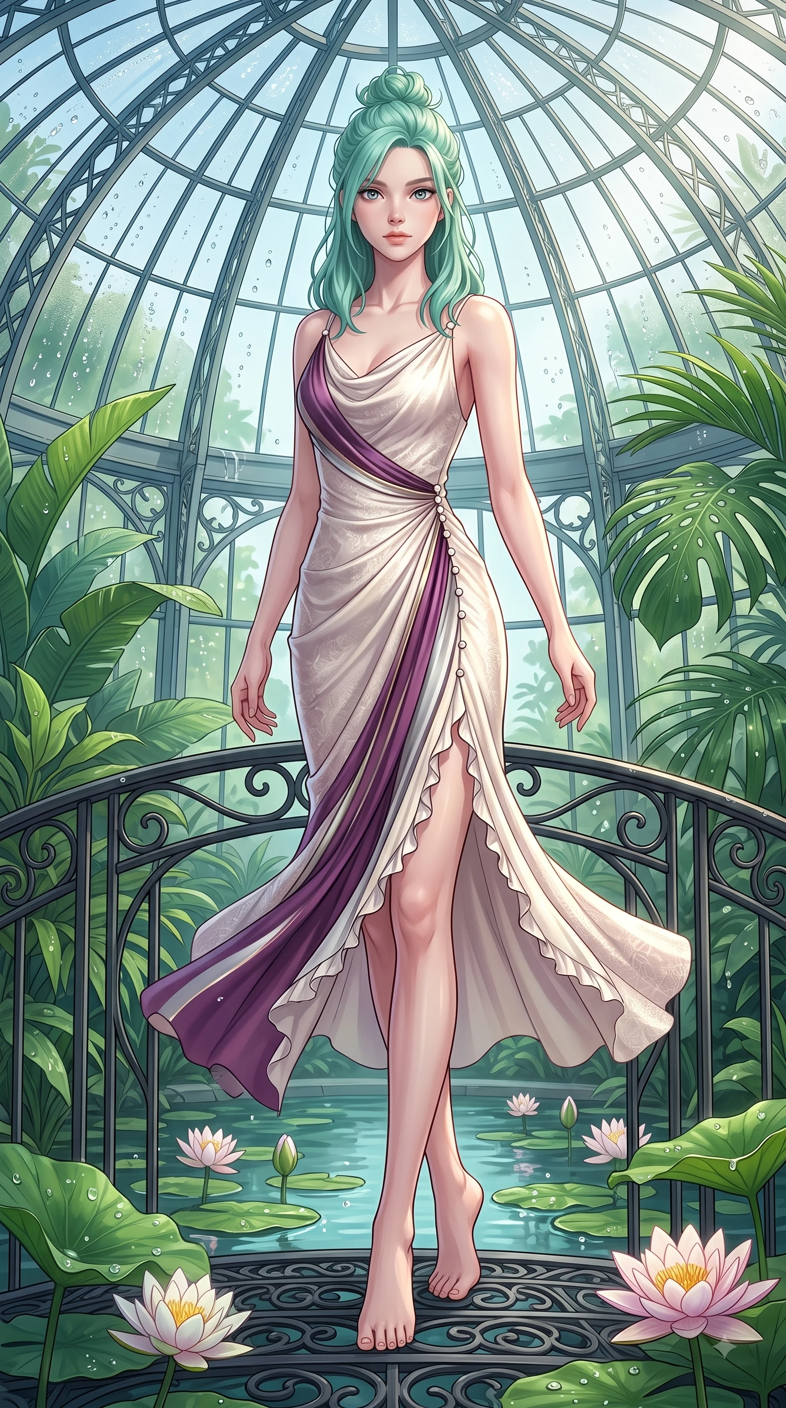 score_9, masterpiece, best quality, ultra-detailed, high-budget anime keyframe, editorial fashion photography, tasteful artistic composition, Japanese woman. low angle full-body shot from head to toe showing her feet, filling the entire 9:16 vertical frame with her statuesque presence, stretching her vertical silhouette. Pure innocent expression with clear crystalline eyes, a gentle tender smile, and an airy serene aura while pivoting gracefully on a wrought-iron bridge over a lotus pond dripping with morning dew. The surrounding environment is rendered in vivid detail and crisp panoramic clarity. intricate glasshouse steel dome architecture, tropical plant leaf textures, and dewdrop details in crisp resolution. She has an absolutely perfect, statuesque 8.5-heads proportion, an exceptionally tall and slender model-like female figure with impossibly long slender legs and an ultra-slim waist. sharp v-shaped jawline, high-bridge nose, intricate jewel-like eyes with depth, thick eyelashes, glossy lips with a natural sheen, flawlessly proportioned anatomical accuracy, natural body alignment, perfectly sculpted elegant limbs, clean dynamic posture without body distortion. wearing an elegant ivory silk cowl-neck dress with fluid draped lines in rich plum violet and metallic platinum, made of fine lace weave and soft satin jersey, accented with delicate pearl buttons and refined ruffle trims, the form-contouring material accentuating her ultra-slim waist and long lines. surrounded by a lush, vibrant, and enchanting garden editorial ambiance. highly saturated vibrant anime colors, detailed shading with soft gradients, rich glossy textures, high-contrast stereoscopic depth, volumetric dynamic lighting, master piece, 9:16 ratio