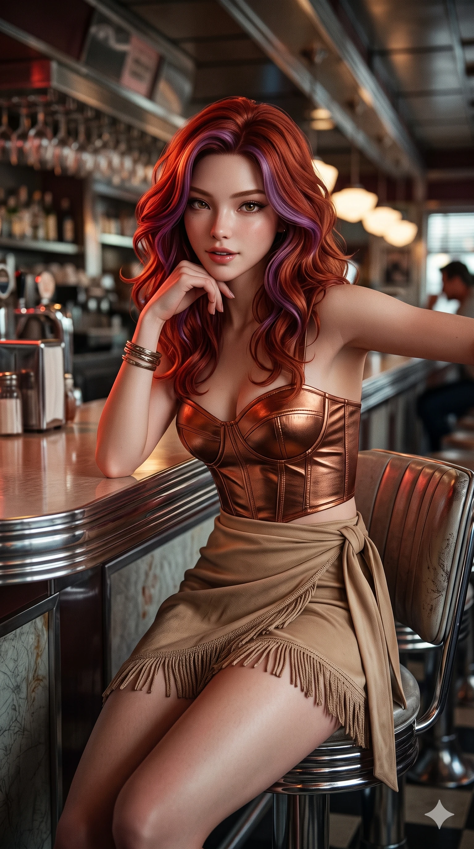 score_9, masterpiece, best quality, ultra-detailed, high-budget anime keyframe, semi-realistic 3D game render, editorial fashion photography, tasteful artistic composition, Caucasian woman. close-up cowboy shot from the waist and thighs up, the character dominates the composition, filling the frame with her large presence. resting one elbow on the workbench and supporting her chin, leaning close to the camera with heavy-lidded sparkling eyes and parted lips while sitting backwards on a swivel chrome counter stool with elbows resting on the counter edge, arching her lower back with flirtatious supermodel poise. The surrounding environment is rendered in vivid detail and crisp panoramic clarity: sharp vinyl button tufting seams, brushed chrome trim reflections, and glossy Formica table surface texture in deep focus. She has an exceptionally elegant, slender, and willowy female figure with an ultra-slim waist, flat toned midriff, narrow ribcage, and sculpted feminine hips creating an alluring, slim hourglass silhouette without bulk. sharp v-shaped jawline, high-bridge nose, sparkling eyes with hypnotic seductive depth, thick curled eyelashes, glossy parted lips with a natural dewy peach sheen, alluring bedroom-eyes with an enchanting coquettish smile, exuding magnetic siren charisma and sophisticated glamour, flawlessly proportioned anatomical accuracy, strict slender model proportions, natural body alignment, perfectly sculpted long slender limbs, ultra-slim waistline, clean dynamic posture without body distortion. wearing a structured underwire bikini bustier top paired with an ultra-short draped sarong wrap mini skirt in molten metallic copper and radiant desert sand, tailored from second-skin technical compression neoprene with athletic curve-sculpting stretch, finished with a delicate leather fringe trim fluttering along her hip line with kinetic charm, the impeccably tailored cut draping gracefully along her slender figure with aristocratic western poise. illuminated by Formica tabletop bounce and sharp crimson-amber rim lights sculpting her razor-sharp jawline, narrow waist, and curvy hips. highly saturated vibrant anime colors, detailed shading with soft gradients, rich glossy textures, high-contrast stereoscopic depth, volumetric dynamic lighting, master piece, 9:16 ratio