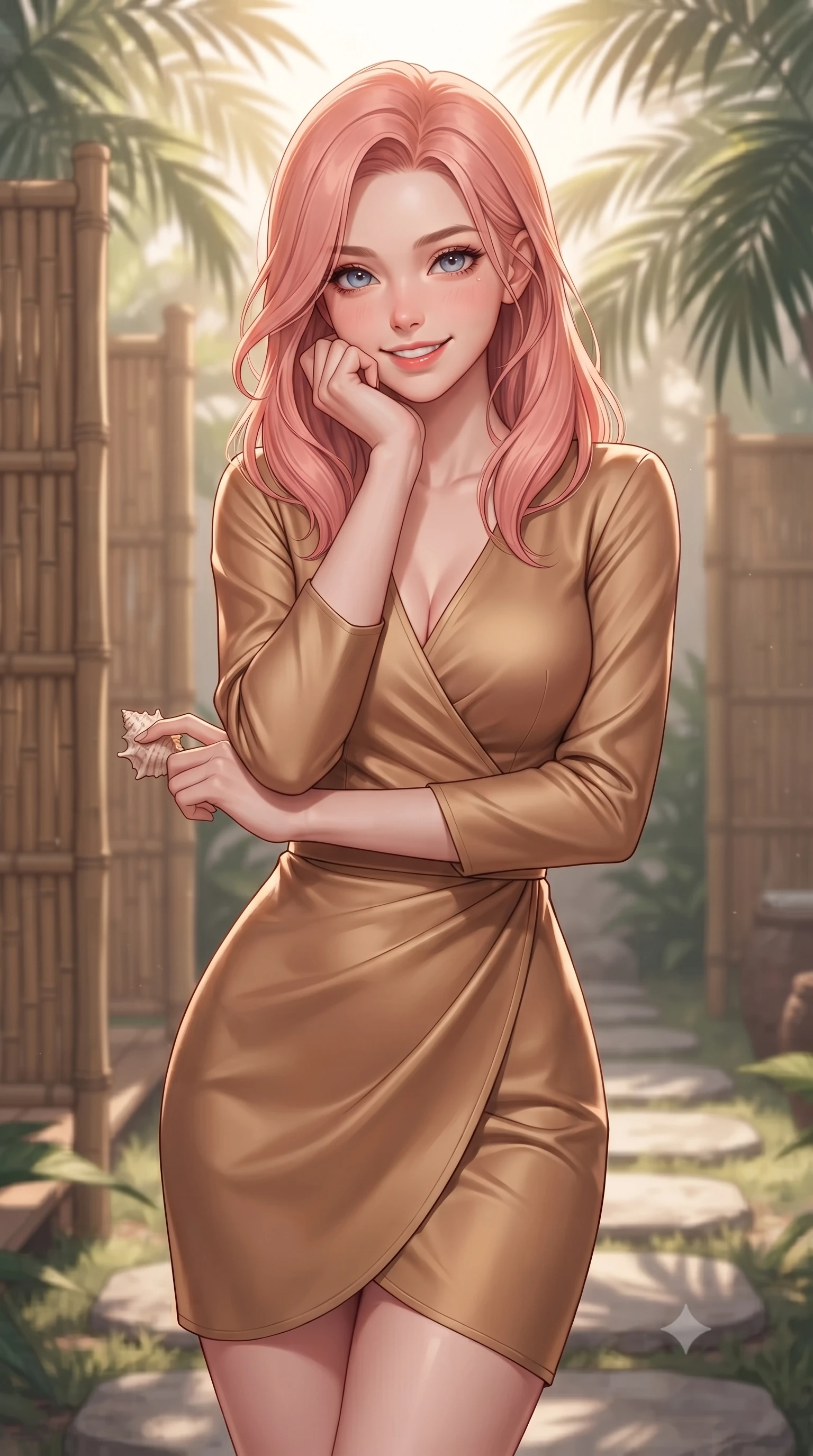 score_9, masterpiece, best quality, ultra-detailed, high-budget anime keyframe, editorial fashion photography, tasteful artistic composition, Japanese woman. close-up cowboy shot from the waist and thighs up, the character dominates the composition, filling the frame with her large presence, background elements kept in soft focus. smiling cutely while resting her chin on her hand, looking directly into the lens set against a soft-focus background of in a peaceful wellness spa garden with bamboo partitions and stone pathways holding a small seashell with a happy, cute expression. She has an exceptionally elegant, slender, and willowy female figure with an ultra-slim waist, a gracefully sculpted slender torso, and a refined silhouette. sharp v-shaped jawline, high-bridge nose, intricate jewel-like eyes with depth, thick eyelashes, glossy lips with a natural sheen. wearing tailored form-contouring silk wrap dress in camel, outlining her slender waist. soft afternoon sunbeams filtering through the palm leaves, casting gentle shadows. ultra-reflective glossy finish, specular highlights, metallic sheen, high-contrast stereoscopic depth, volumetric dynamic lighting, 2k, ultra detail, master piece, 9:16 ratio