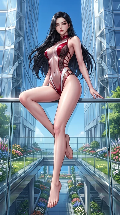 score_9, masterpiece, best quality, ultra-detailed, high-budget anime keyframe, semi-realistic 3D game render, editorial fashion photography, tasteful artistic composition, Korean woman. low angle full-body shot from head to toe showing her feet, fil