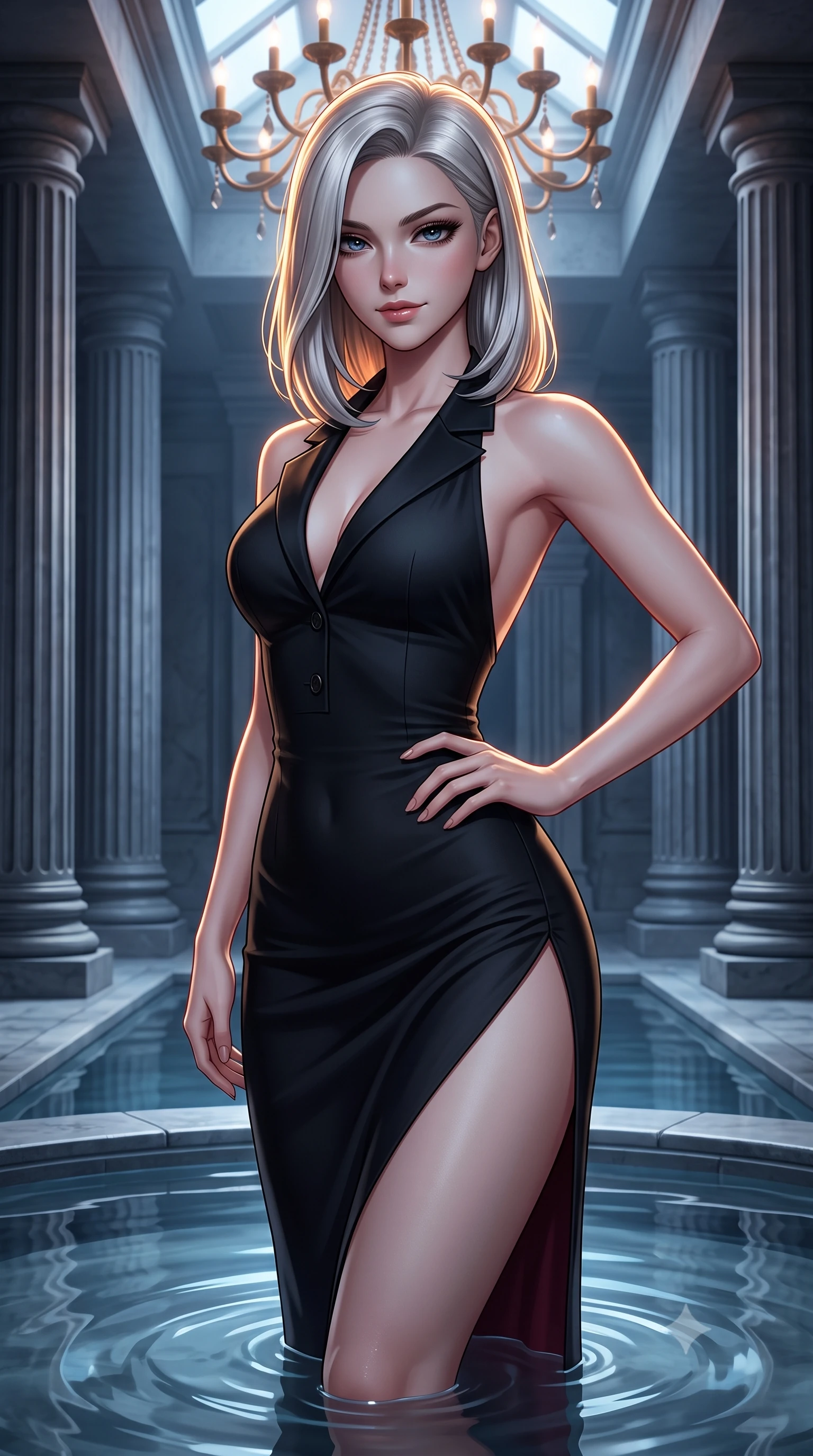 score_9, masterpiece, best quality, ultra-detailed, high-budget anime keyframe, semi-realistic 3D game render, editorial fashion photography, tasteful artistic composition, Caucasian woman. close-up cowboy shot from the waist and thighs up, the character dominates the composition, filling the frame with her large presence. turning slowly with a smoldering smile, her glossy dark hair catching the amber chandelier rim light as her hips angle gracefully in a captivating contrapposto while standing poised in the center of the shallow reflection basin with hips cocked back, casting an ethereal, dangerous bedroom-gaze toward the camera. The surrounding environment is rendered in vivid detail and crisp panoramic clarity. sharp fluted basalt column textures, razor-thin water reflection surface tension, and smooth granite stone edges in deep focus. She has an exceptionally elegant, slender, and willowy female figure with an ultra-slim waist, flat toned midriff, narrow ribcage, and sculpted feminine hips creating an alluring, slim hourglass silhouette without bulk. sharp v-shaped jawline, high-bridge nose, intricate jewel-like dark sparkling eyes with dangerous depth, thick curled eyelashes, glossy parted lips with a rich wine sheen, smoldering seductive half-smile with bedroom-eyes, exuding effortless superiority and intoxicating dark allure, flawlessly proportioned anatomical accuracy, strict slender model proportions, natural body alignment, perfectly sculpted long slender limbs, ultra-slim waistline, clean dynamic posture without body distortion. wearing a backless liquid jet-black halter slip dress with a thigh-high side slit ascending to the high hip in deep wine burgundy and lustrous obsidian, tailored from fine lightweight midnight wool crepe with crisp architectural structure, finished with sharp tailored peak lapels and subtle horn button accents, the liquid-tight tailored fabric clinging flawlessly to her narrow waist and rounded feminine hips, emphasizing every millimeter of her sculpted slim hourglass curves without any bulky heaviness. bathed in cold silvery moonlight filtered from a dramatic high skylight opening. highly saturated vibrant anime colors, detailed shading with soft gradients, rich glossy textures, high-contrast stereoscopic depth, volumetric dynamic lighting, master piece, 9:16 ratio